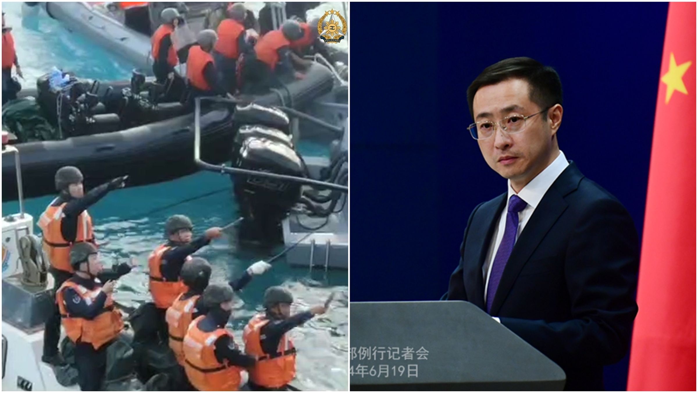 中國海警強登菲律賓海軍船隻，還沒收槍枝等裝備，中國外交部卻稱「沒有對菲方人員直接採取措施」。（翻攝自X@TeamAFP、中國外交部官網）
