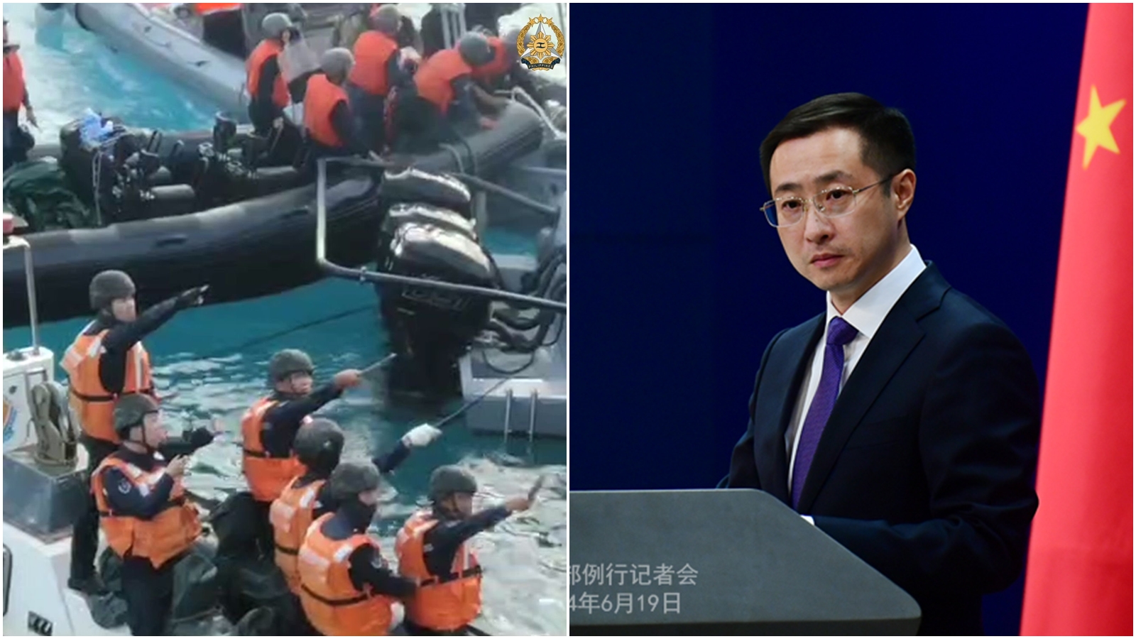 中國海警強登菲律賓海軍船隻，還沒收槍枝等裝備，中國外交部卻稱「沒有對菲方人員直接採取措施」。（翻攝自X@TeamAFP、中國外交部官網）