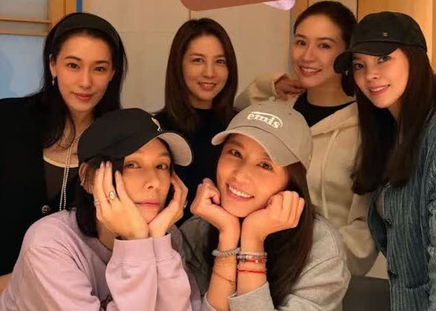 曾馨瑩（後排右起）、蔡依珊、周欣怡、陳妍嵐，以及林心如（前排右起）、徐若瑄聚會。（翻攝vivianhsu.ironv IG）