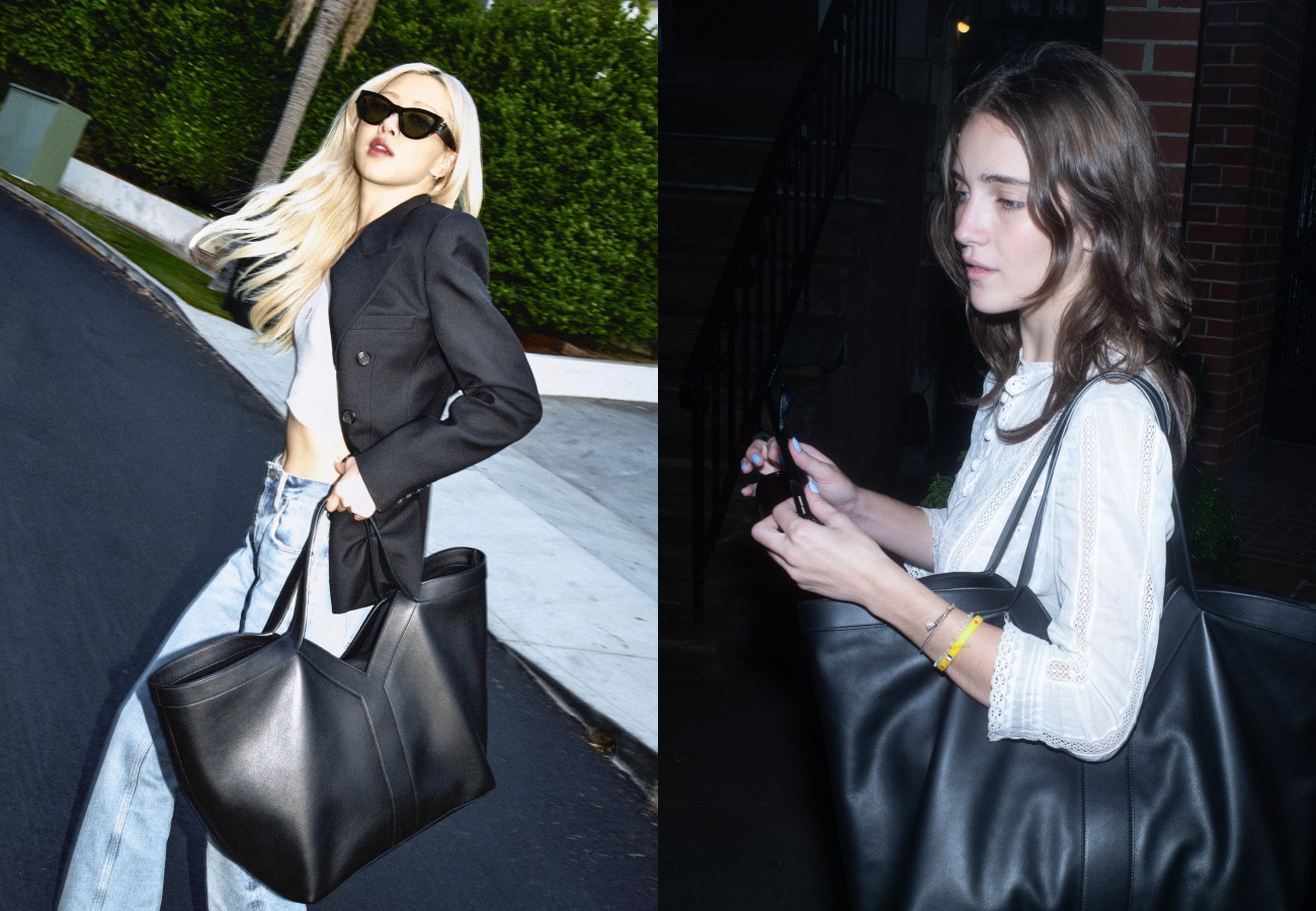 （左起）BLACKPINK的Rosé（朴彩英）、好萊塢新一代寵兒Talia Ryder，已經示範Y系列托特包的穿搭。（Saint Laurent提供）
