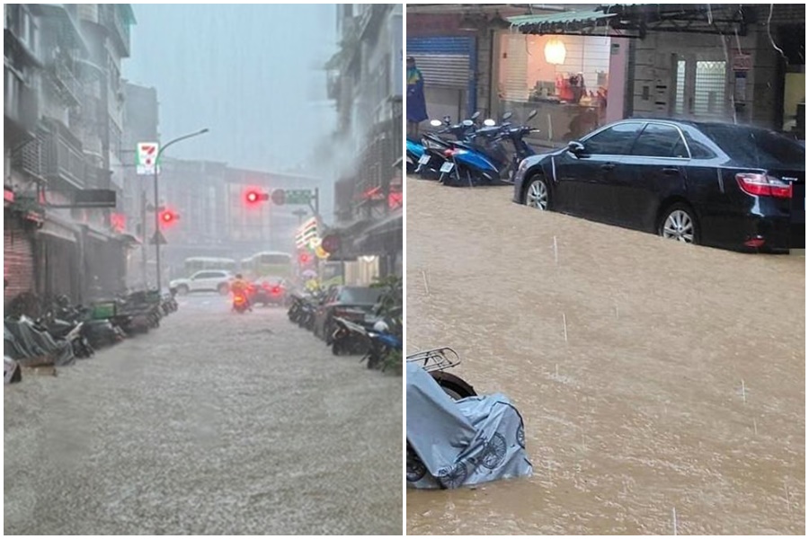 由於大雨下得又急又大，傳出北市信義區淹水災情。（翻攝自記者爆料網）