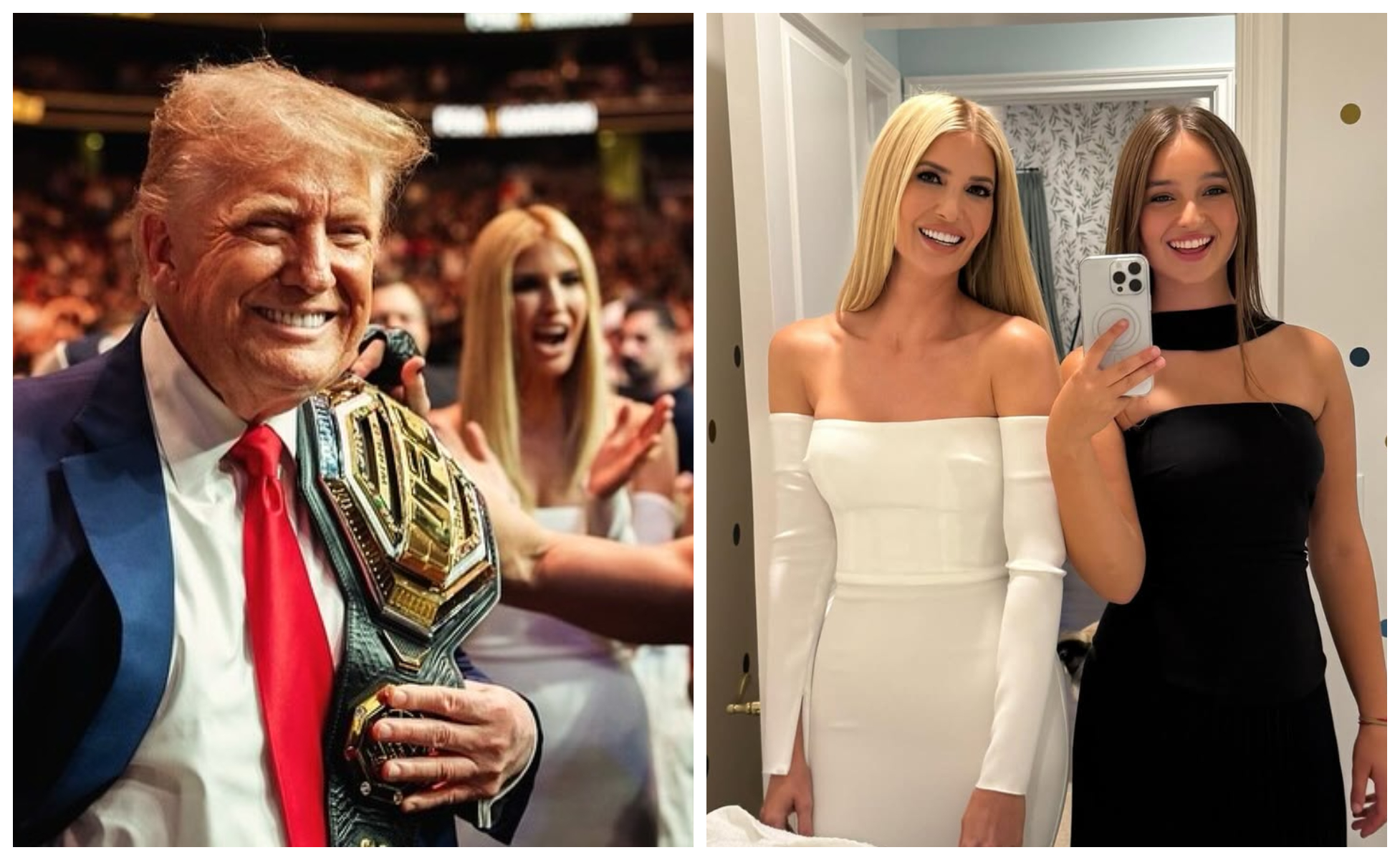 伊凡卡陪老爸川普看UFC冠軍賽（左圖），與女兒阿拉貝拉的合照被讚很像姊妹（右圖）。（翻攝ivankatrump IG）