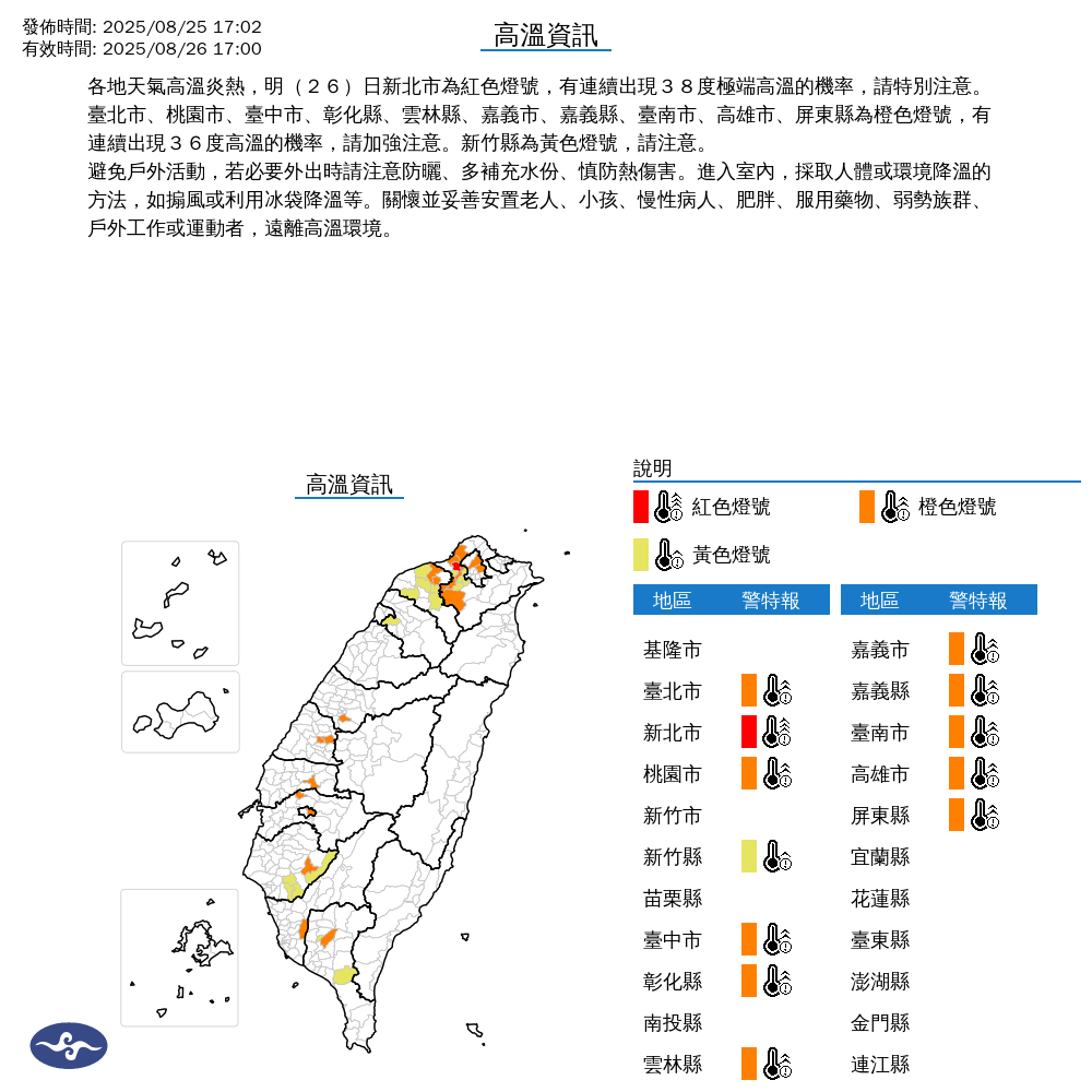 中央氣象署也針對12縣市發布高溫警示，其中新北市亮起紅色燈號。（中央氣象署提供）