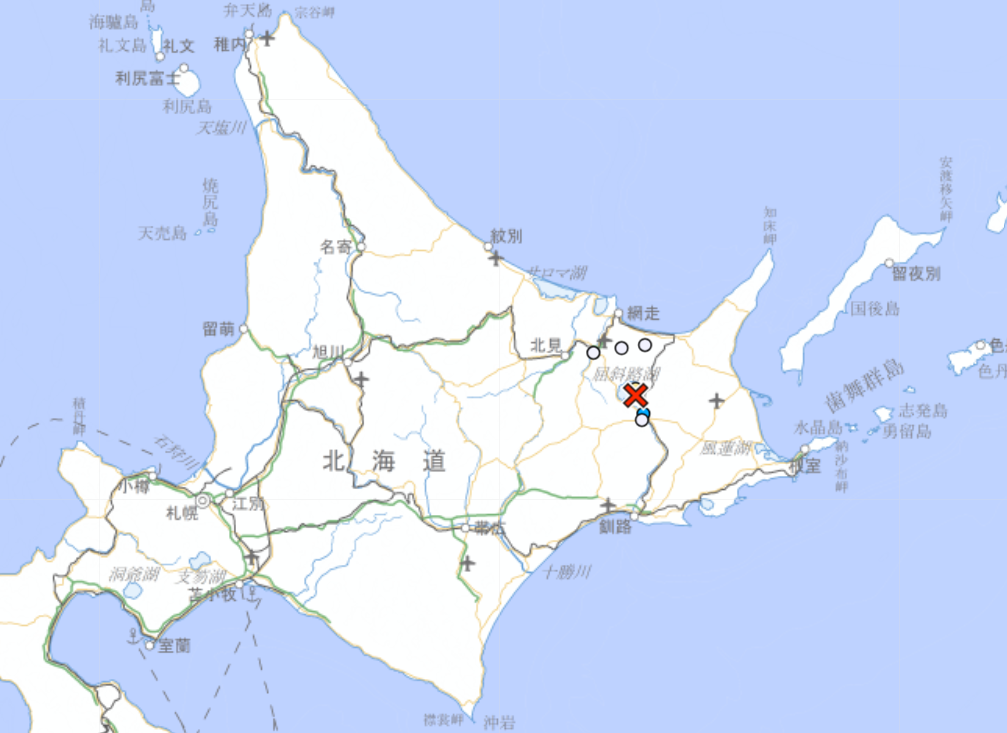 日本北海道13日當地時間下午3時56分發生規模3.9的極淺層地震。（翻攝日本氣象廳官網）