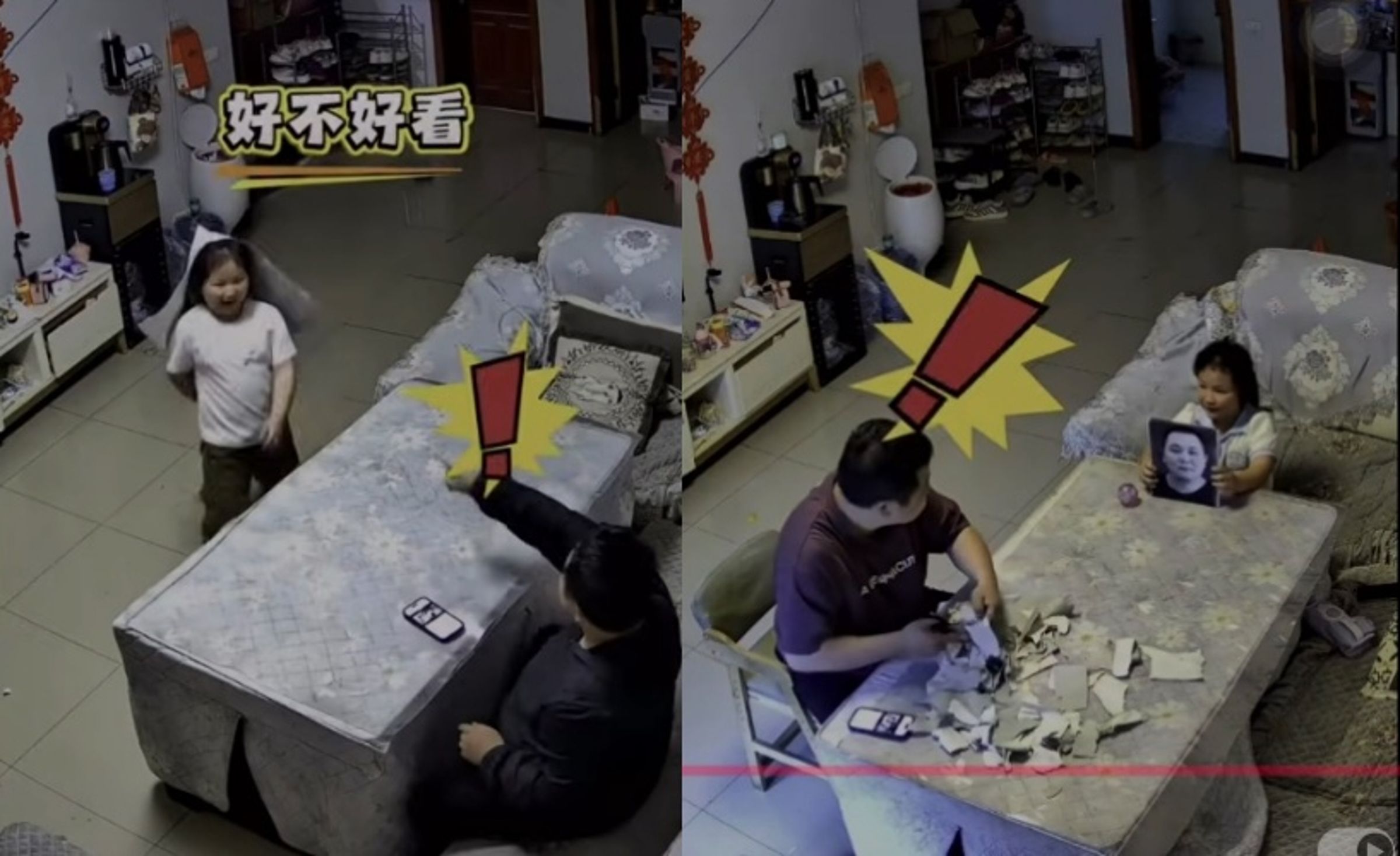 中國一名女童因一連串充滿「黑幽默」的惡作劇舉動，被家中監視器全程錄下並在網路爆紅，把親生父親逼到精神崩潰邊緣。（翻攝自微博）