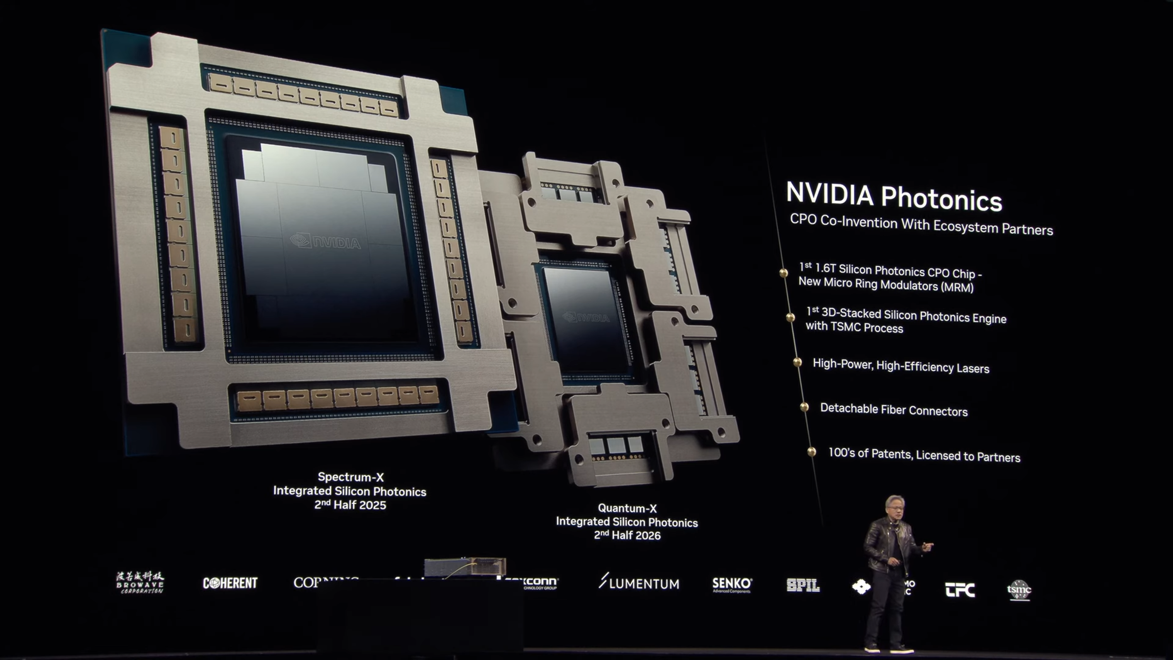 輝達執行長黃仁勳在GTC大會展示矽光子交換器。（翻攝自NVIDIA YouTube頻道）