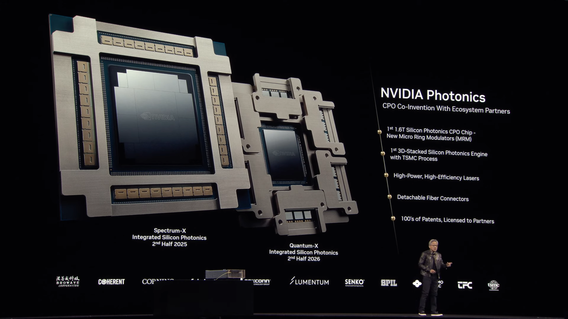 輝達執行長黃仁勳在GTC大會展示矽光子交換器。（翻攝自NVIDIA YouTube頻道）