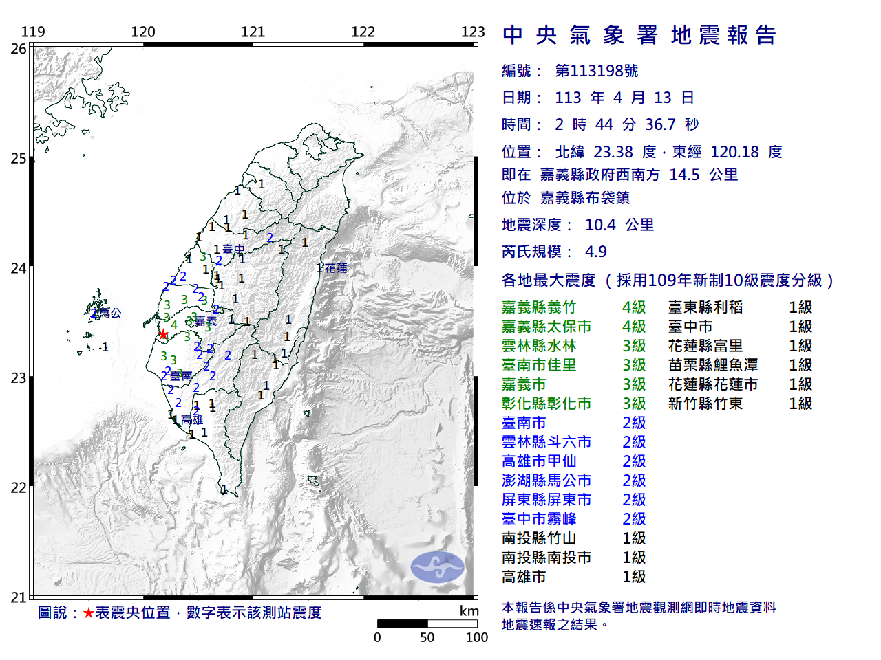 嘉義縣昨晚至今發生8起地震，其中最大規模4.9。（翻攝中央氣象署）