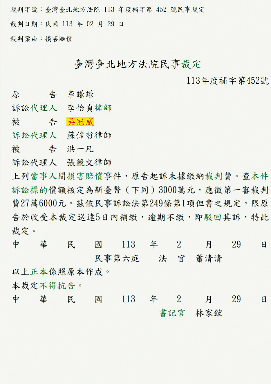 法院裁定書中,原告索賠3,000萬元,其中洪一凡被網友疑是Dora。(翻攝自司法院官網)