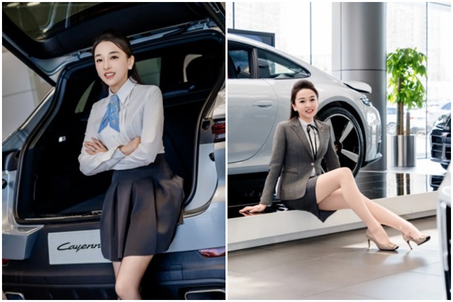中國青島保時捷銷售女王業務牟倩文（molly），因為外型亮麗，加上銷售成績亮眼，意外爆紅。（翻攝自微博）