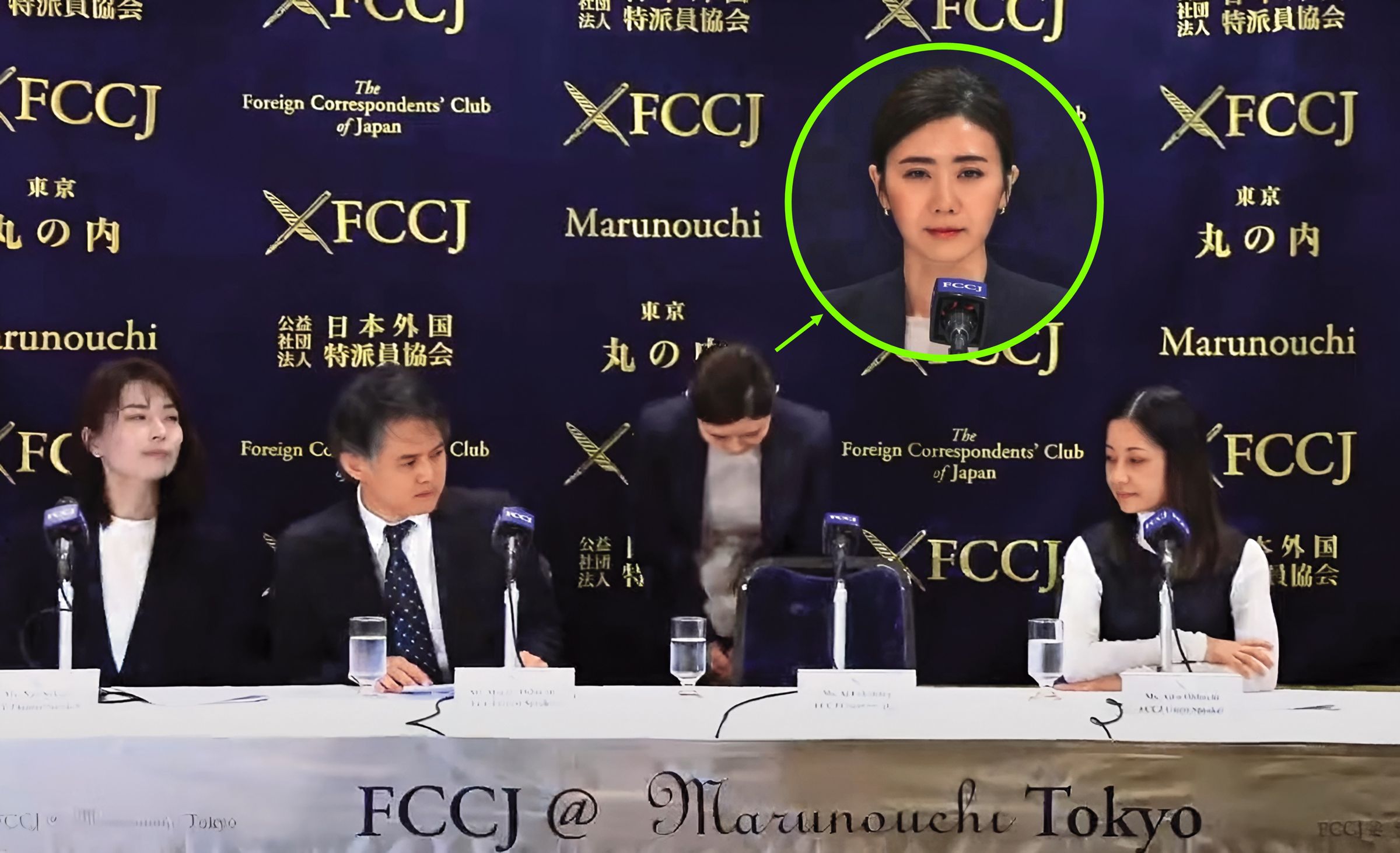 福原愛(中)在東京開記者會,表示已與江宏傑達成和解協議,但是外界對她仍然非議不斷。(翻攝自FCCJchannel)