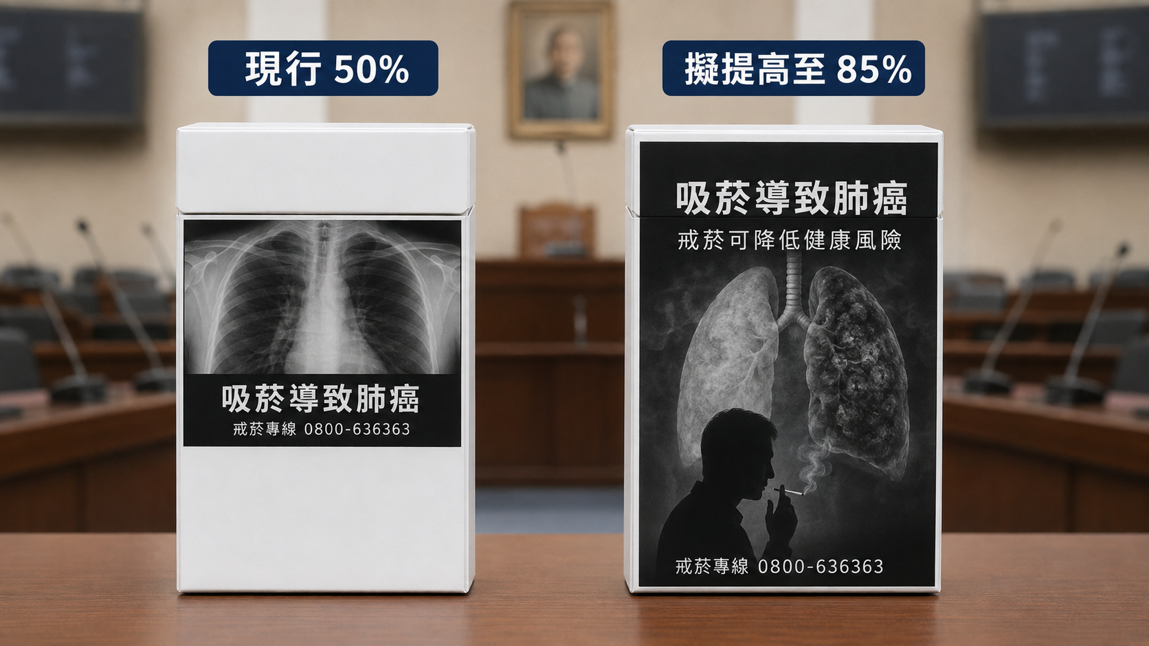 《菸害防制法》修正草案完成委員會審查,菸品警示圖文比例擬由50%提高至85%,成為後續院會攻防焦點。(AI生成示意圖)