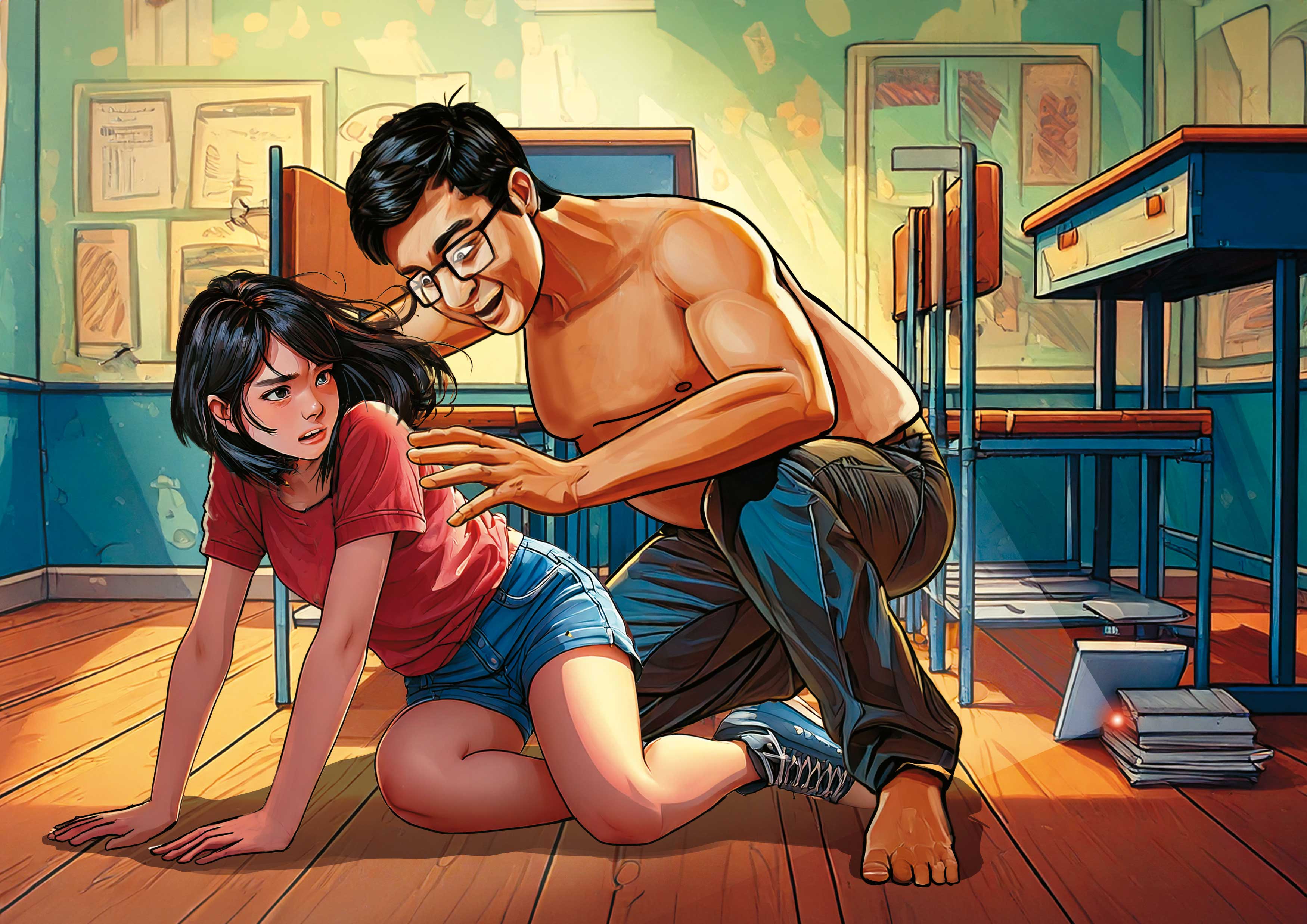 陳男曾擔任補習班老師，他在教室內對15歲的少女伸出狼爪、拍攝影片。（AI繪圖Adobe Firefly生成，本刊美術組後製）