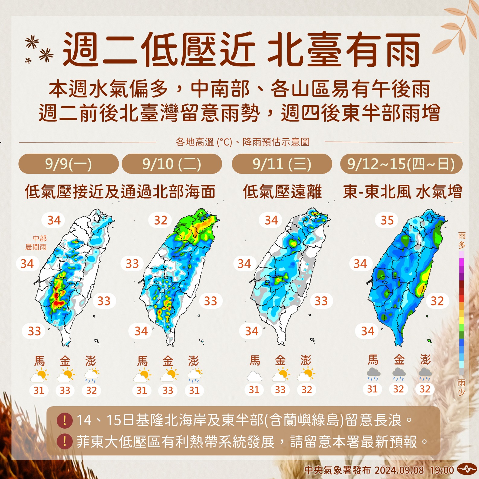 一週天氣狀況。（翻攝自臉書＠報天氣─中央氣象署）