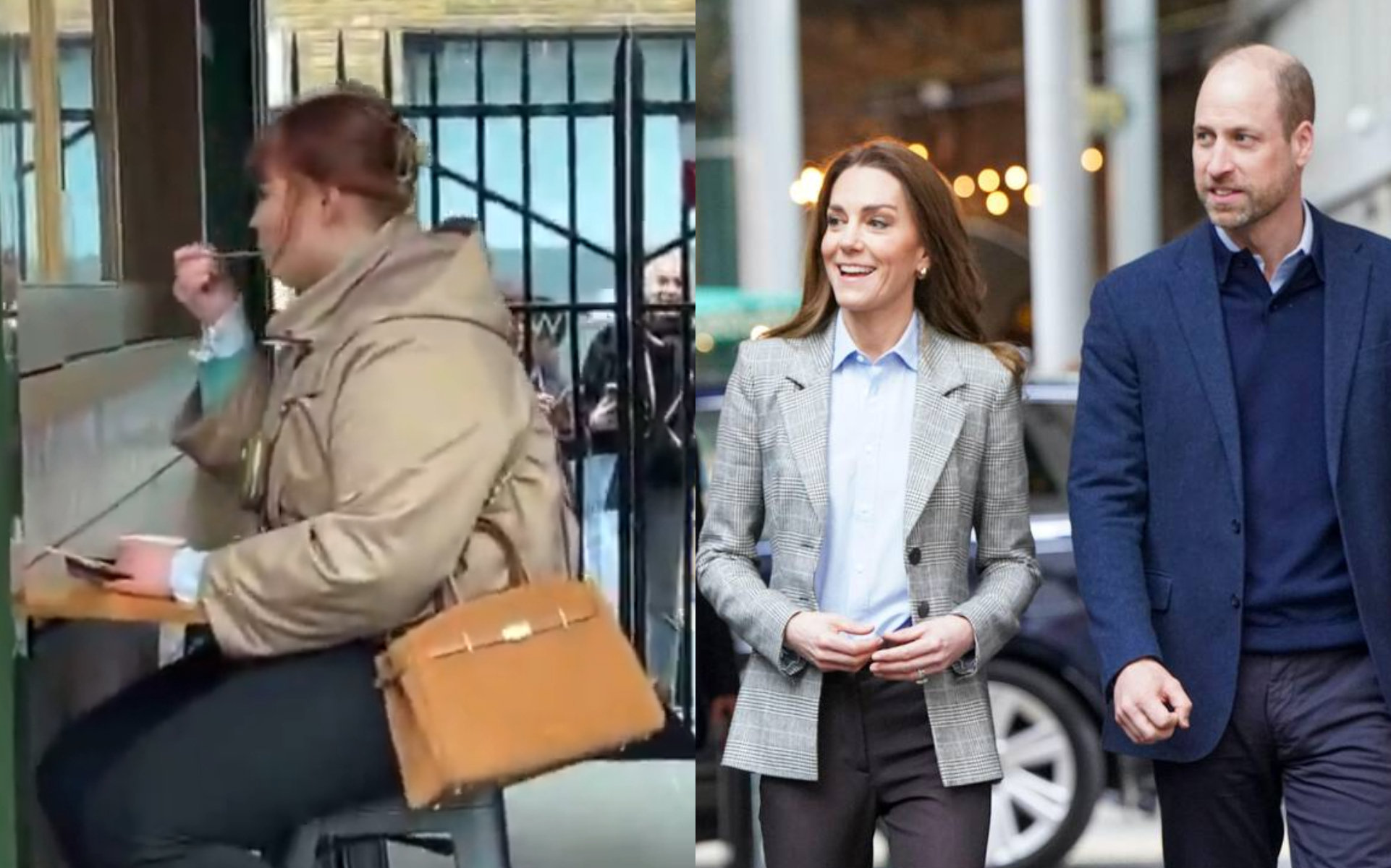 威廉王子與凱特王妃（右圖）近日現身攤位，一名女子坐在甜點攤位旁，低頭吃東西，完全無視他們。（翻攝X@tokkianami、X@Rimmesfk）