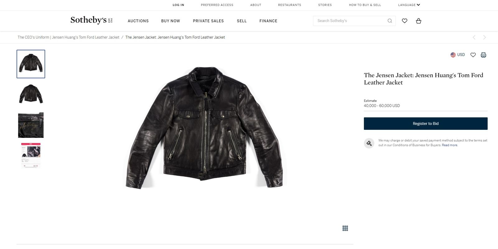 蘇富比將公開競標黃仁勳穿的Tom Ford黑色皮衣，預估成交價達4萬至6萬美元。（翻攝sothebys.com）