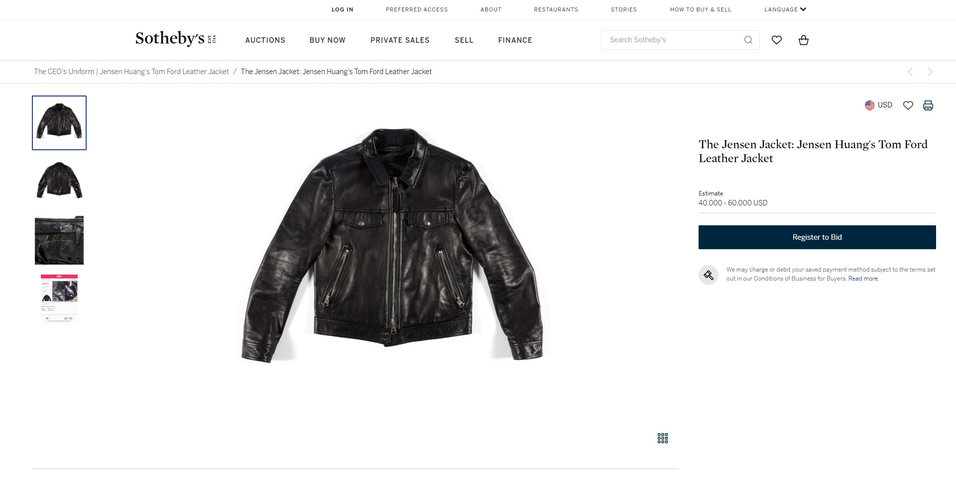 蘇富比將公開競標黃仁勳穿的Tom Ford黑色皮衣，預估成交價達4萬至6萬美元。（翻攝sothebys.com）