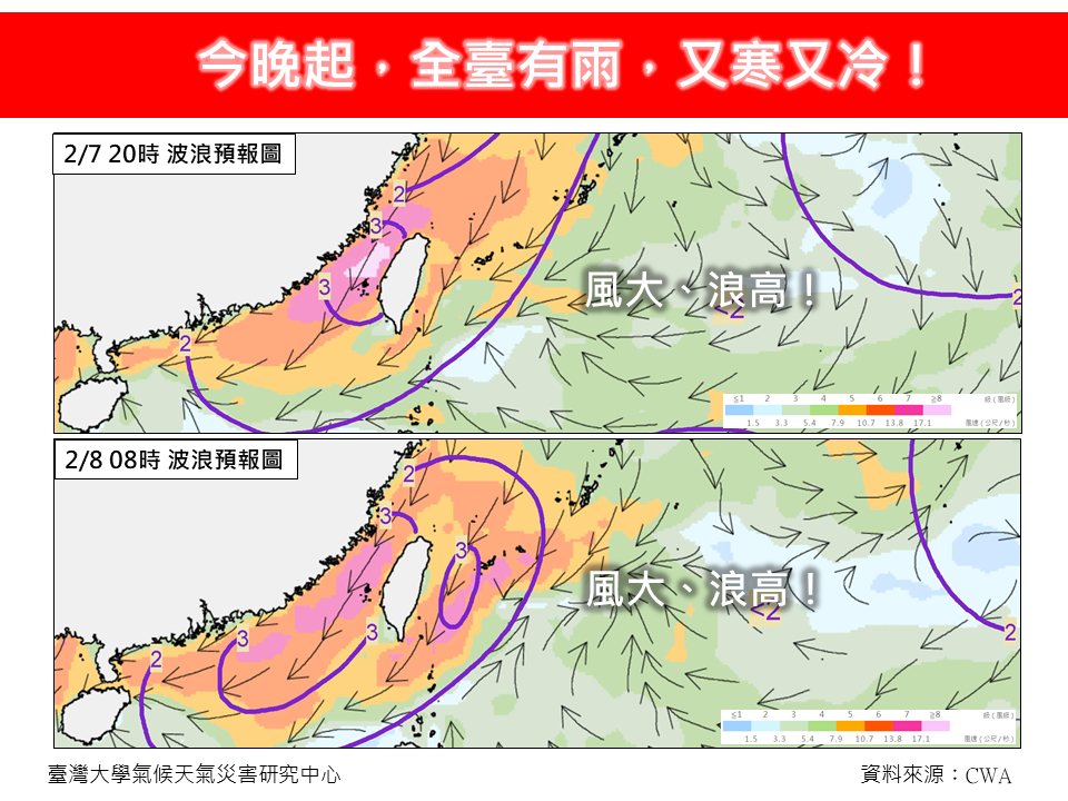 台灣大學大氣科學博士林得恩表示,今天入夜後全台有雨,各地氣溫溜滑梯式下降,又寒又冷!(翻攝自臉書林老師氣象站)