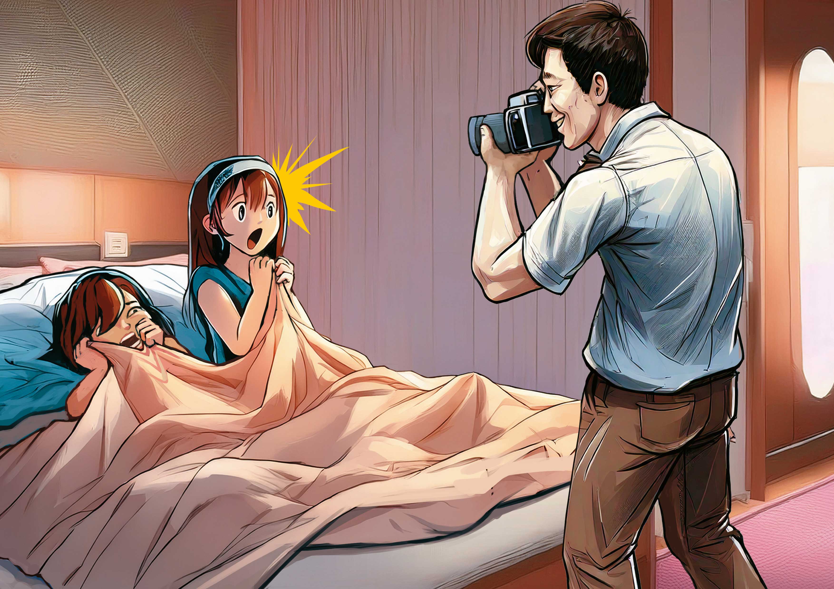 台南某國小校長隱匿男老師（右）進入女同學房間偷拍的事件，遭記2支申誡。（示意畫面，AI繪圖Adobe Firefly生成，本刊美術組後製）