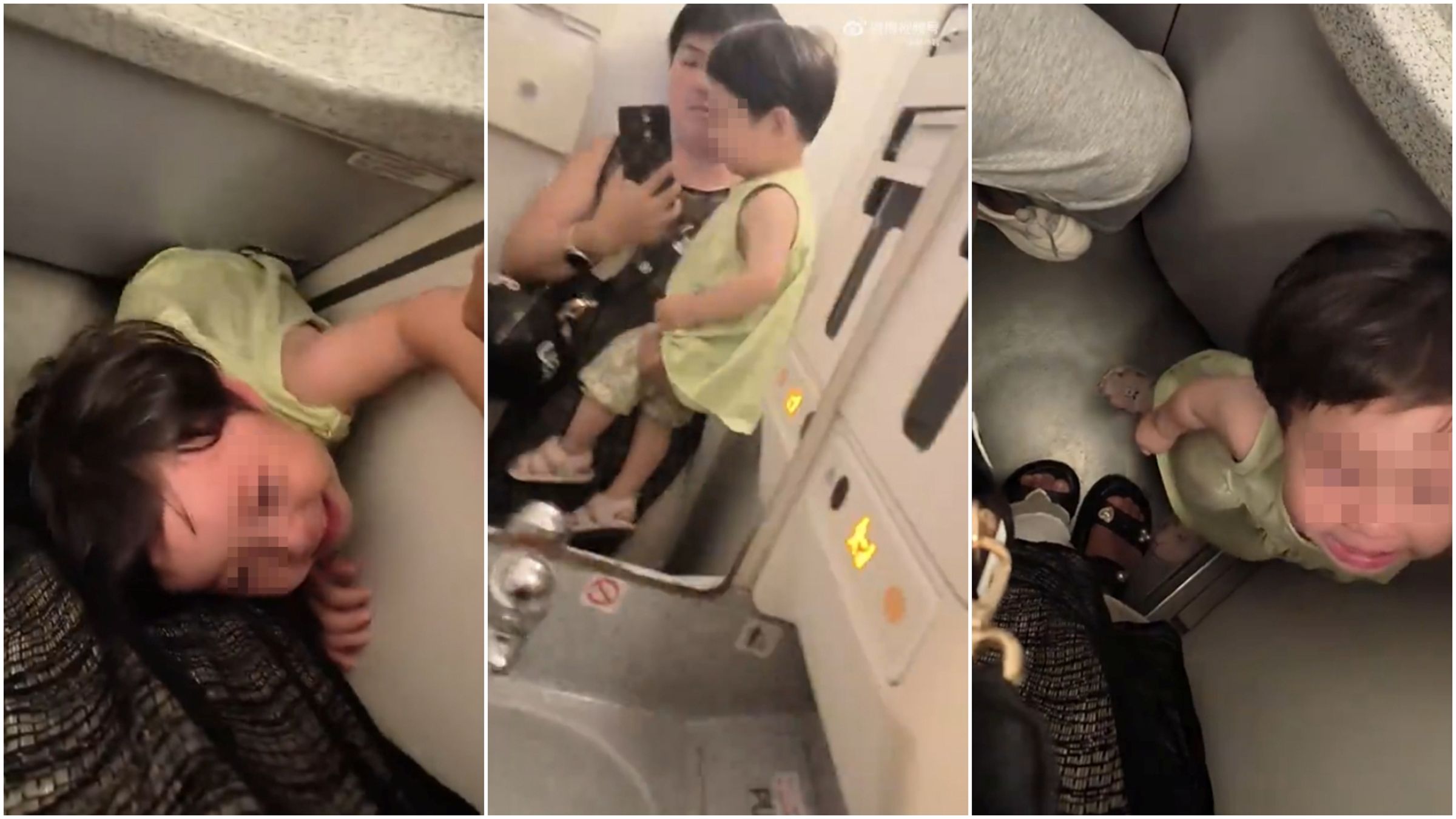 1歲多女童於飛機上哭鬧,2名中國大媽竟把她強行帶去廁所教育。(翻攝微博)
