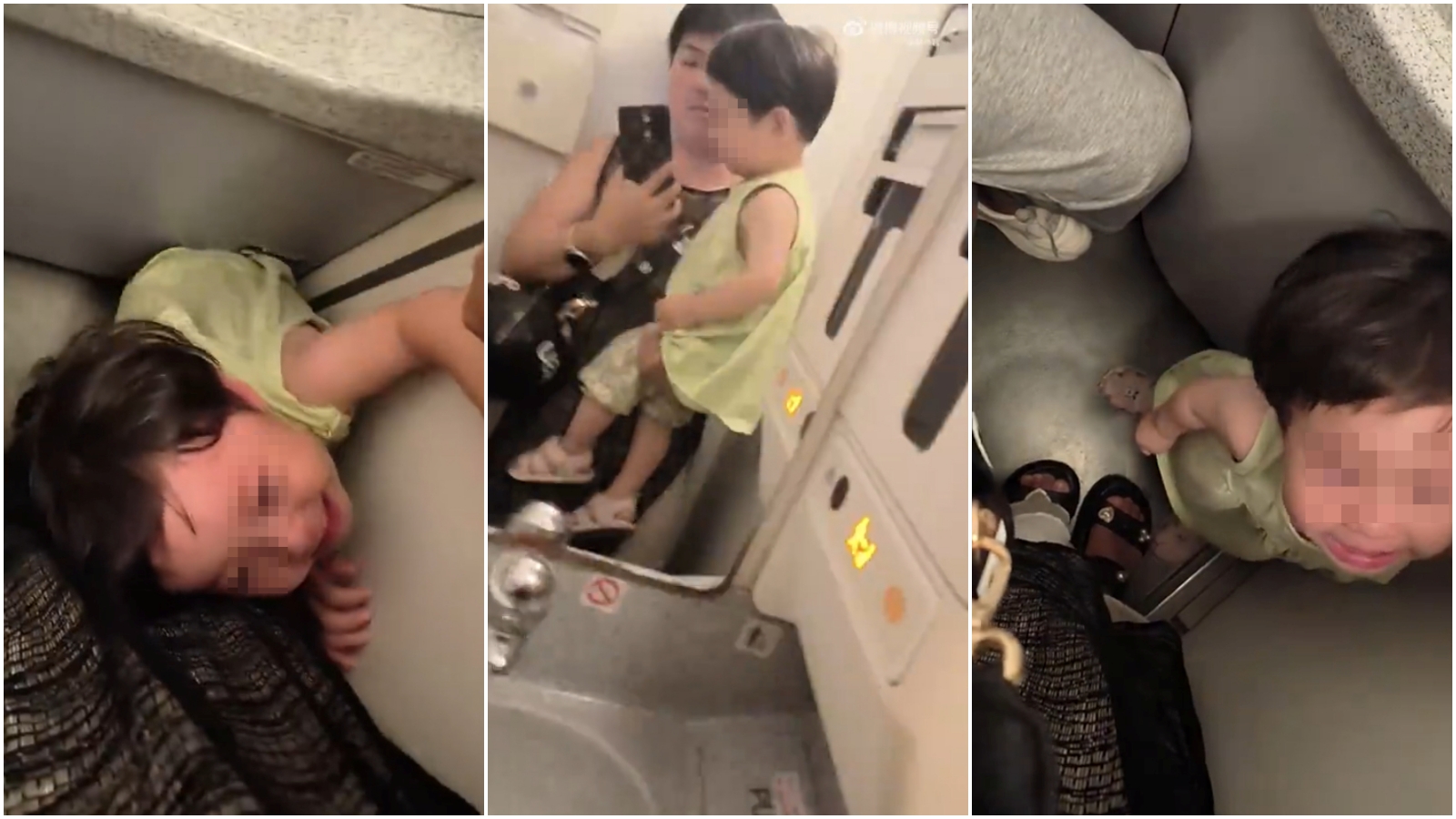 1歲多女童於飛機上哭鬧，2名中國大媽竟把她強行帶去廁所教育。（翻攝微博）
