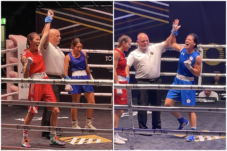 台灣拳擊女將黃筱雯（左圖左）、陳念琴（右圖右）各自在WB世界拳擊錦標賽挺進4強。（中華民國拳擊協會提供）