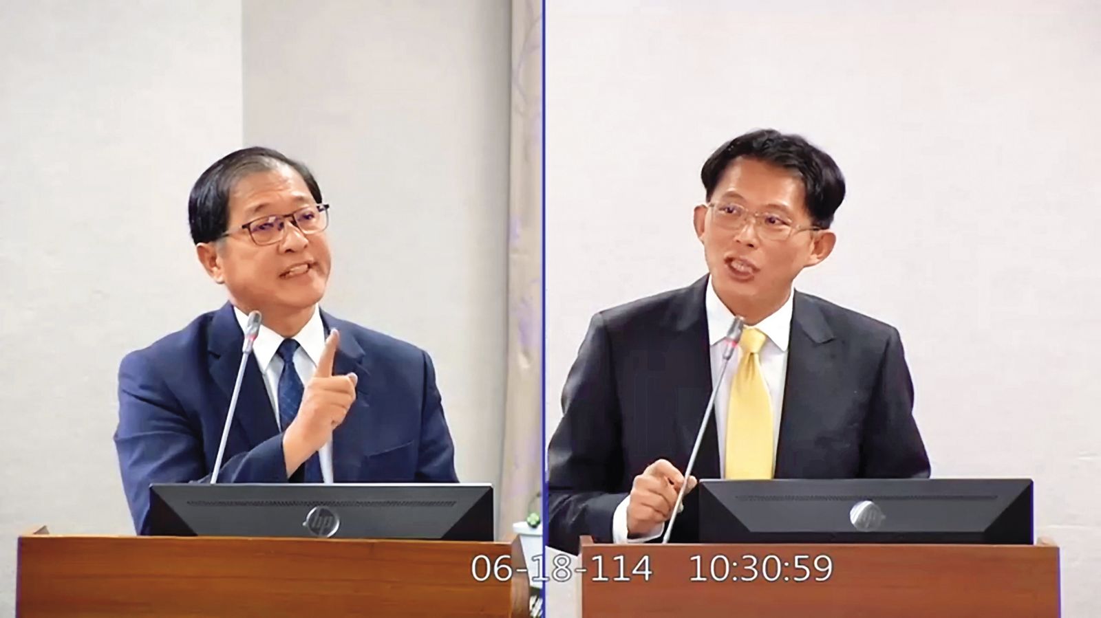 黃國昌(右)6月在立法院針對法務部長鄭銘謙(左)質詢臺雅案,凱思國際旋即收到對方匯進200萬元,成為貪汙關鍵證據。(翻攝畫面)