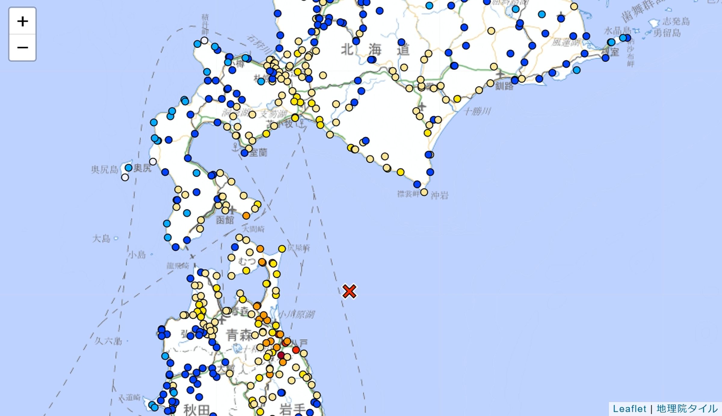 青森8日強震後,北海道的餘震警報暫時解除,但學者警示仍可能有3種情境必須保持警戒。(翻攝自日本氣象廳)