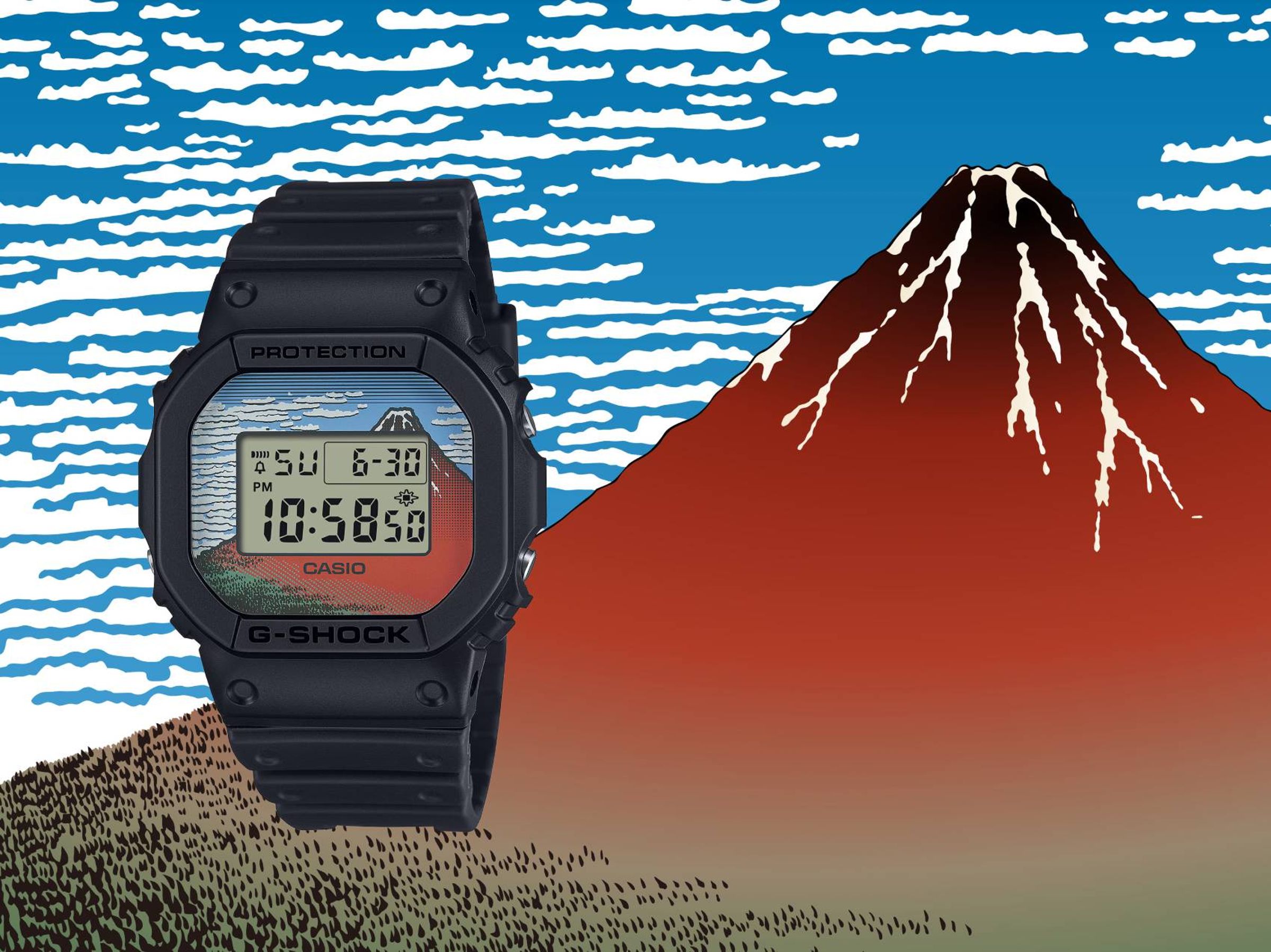 浮世繪款 DW‑5600 取材自葛飾北齋《富嶽三十六景》，如這款DW-5600KHG25《凱風快晴》以富士山為主題，將經典日本藝術融入經典方形錶殼中。
