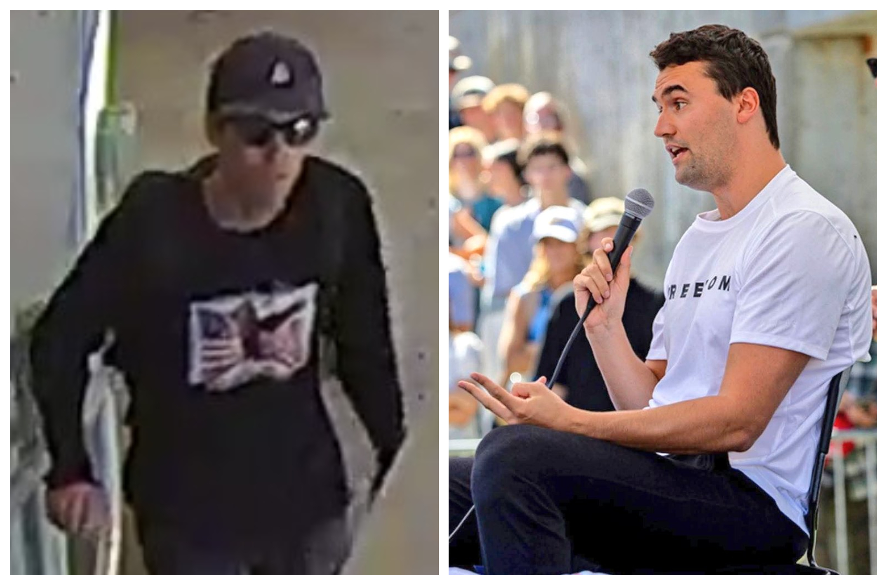 柯克（右圖）在校園遭槍擊身亡，FBI公布嫌犯影像（左圖）。（翻攝X@LeavittMedia、X@FBISaltLakeCity）