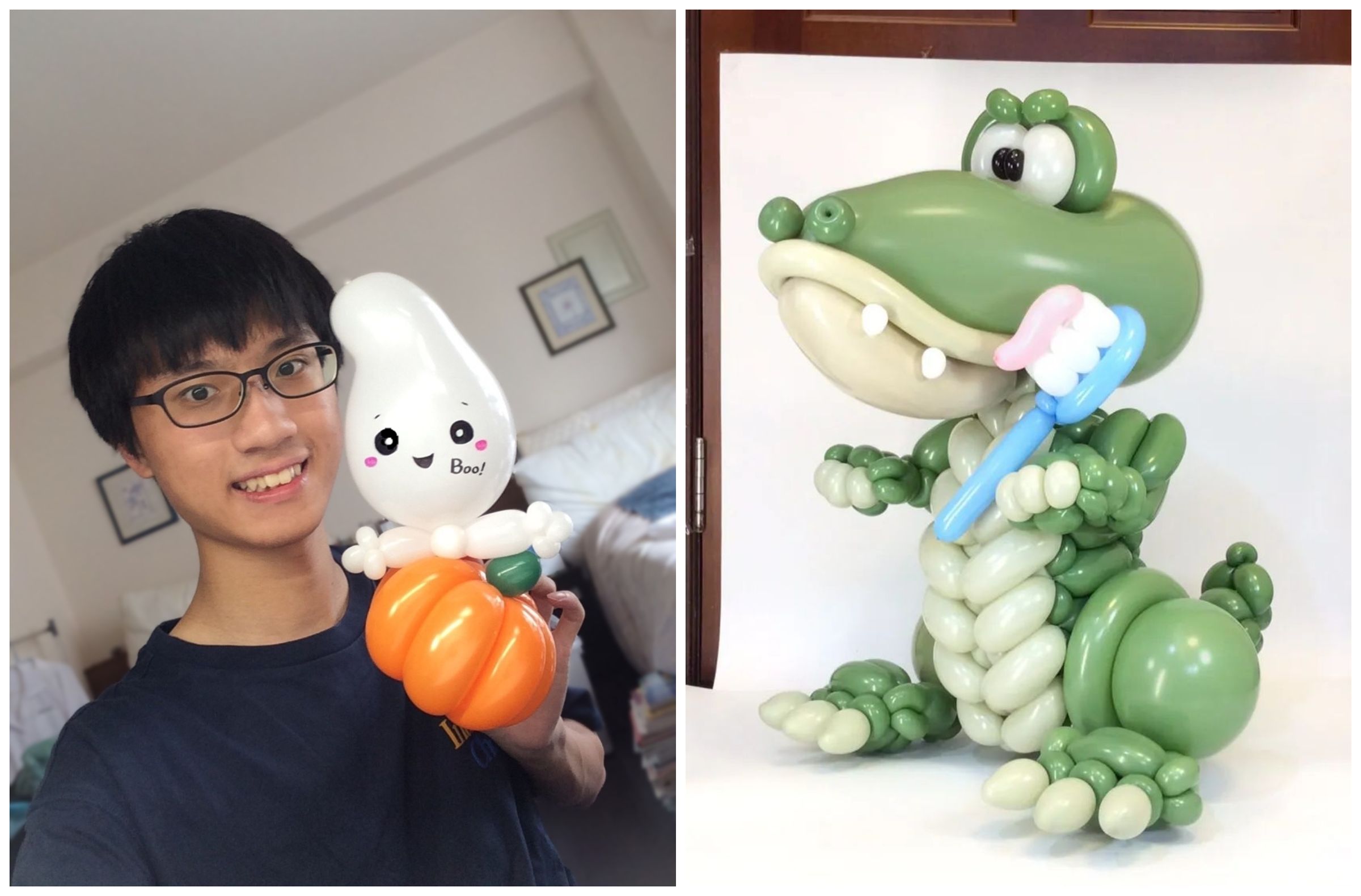 顏睿軍(左圖)是台灣氣球藝術家,近日以《鱷魚》(右圖)拿下Qualatex指定色氣球創作比賽冠軍。(翻攝顏睿軍Threads)