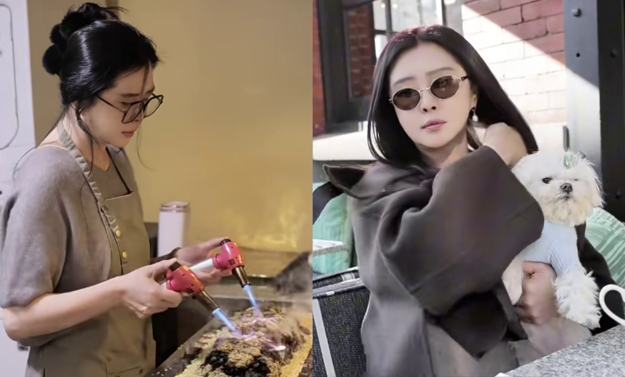 王祖賢分享上班Vlog，帶著愛犬「智悟」去吃早餐，還在店裡燒艾絨。（翻攝王祖賢小紅書）