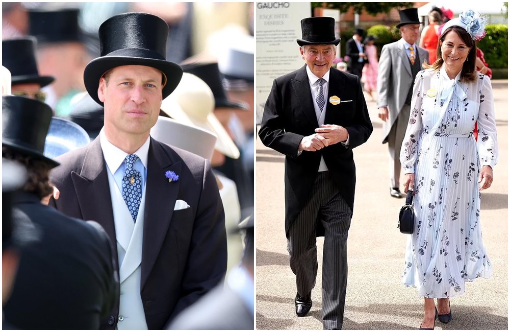 凱特王妃的父母麥可和卡蘿（右圖）現身賽馬會，與女婿威廉王子（左圖）互動良好。（翻攝X@KensingtonRoyal、X@RoyallyBelle_）