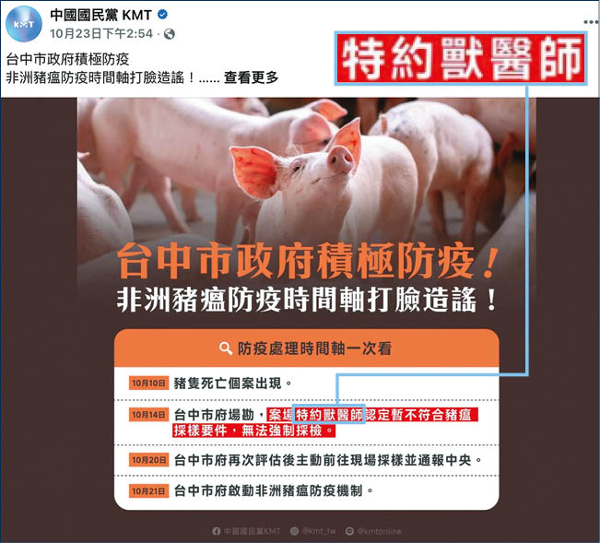台中市府挨轟疫情基本資訊都搞烏龍,竟把無照獸醫師講成特約獸醫師,連帶害國民黨黨中央的資訊圖卡也出包。(翻攝國民黨臉書)