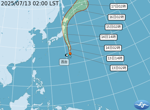 今年第5號颱風「百合」最新路徑曝光。（翻攝氣象署官網）