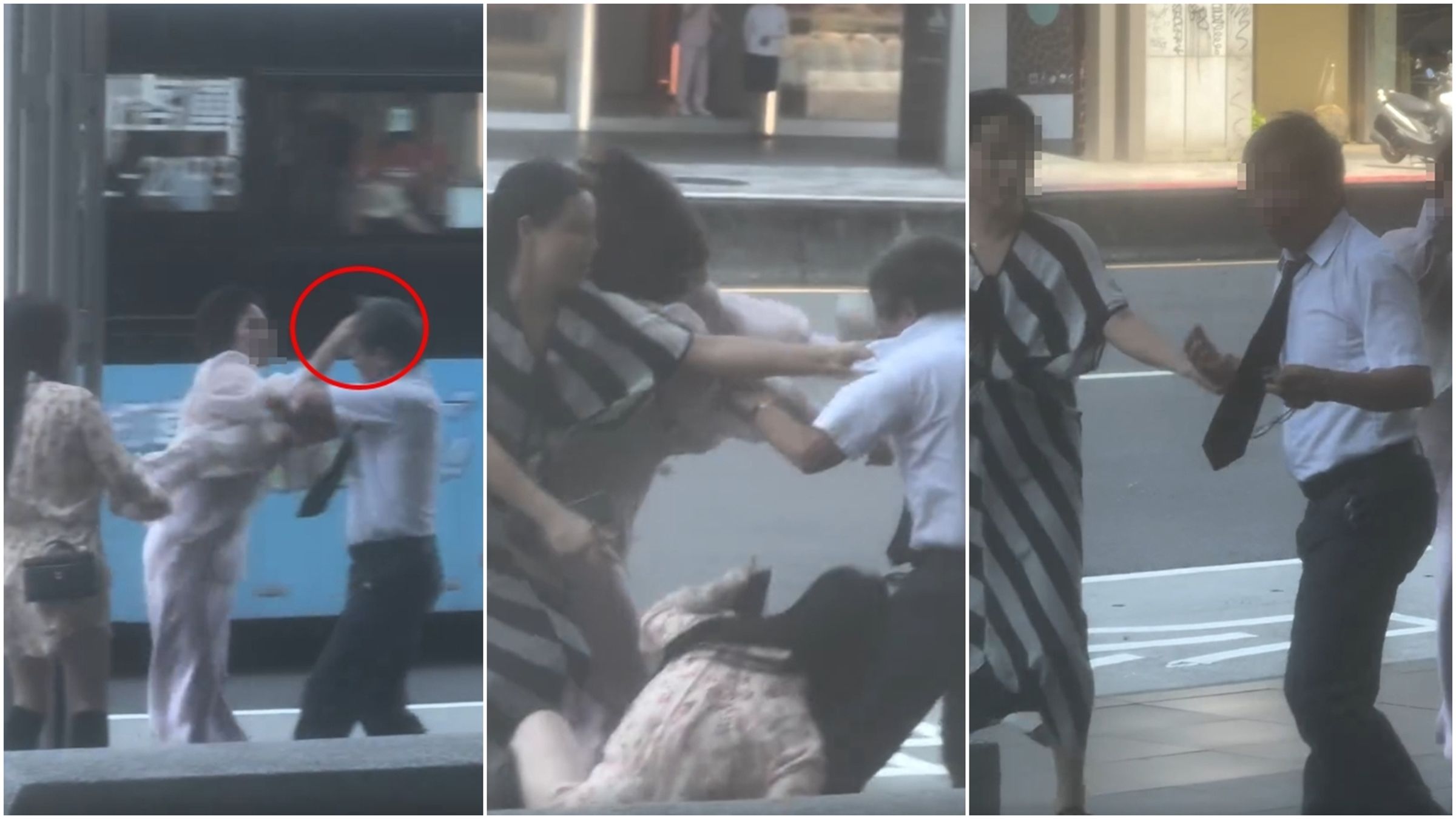 短髮女先重擊運將頭部,巴掌聲在嘈雜背景的影片中超明顯,碎花洋裝女偷雞不著蝕把米,出腳反而因重心不穩把自己摔了,至於條紋洋裝女則是一直拉住運將。(Threads@chuanweixu網友授權提供)