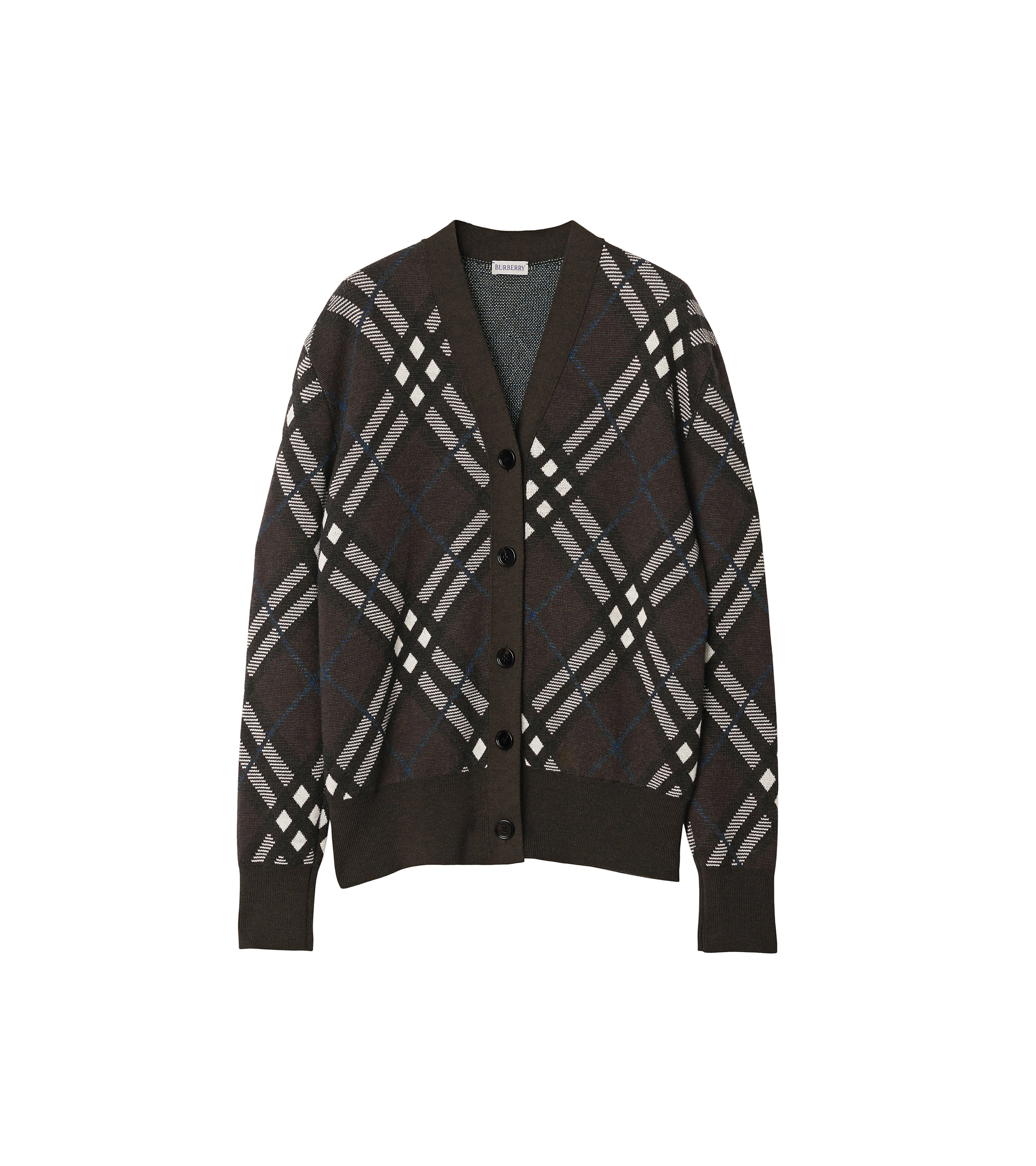 暖感棕色格紋羊毛混紡開襟針織衫。NT$49,900（BURBERRY提供）