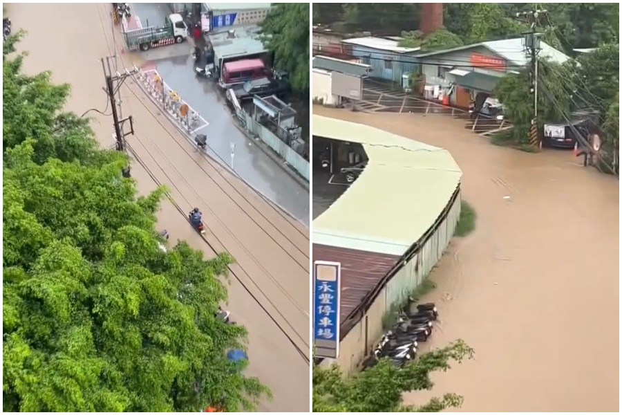 新北市土城區今因雷雨導致積水，馬路變成一條泥黃色的河流。（翻攝自爆料公社）