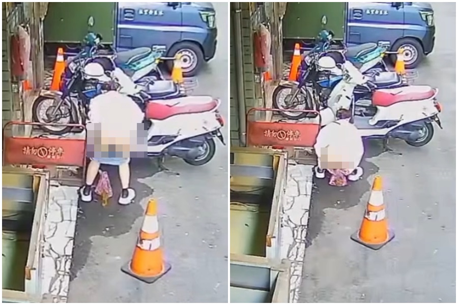 一名綁馬尾女子竟在光天化日之下，隨手撿路邊的袋子後，蹲在路邊拉屎，全程畫面被住家監視器錄下。（翻攝自Threads）
