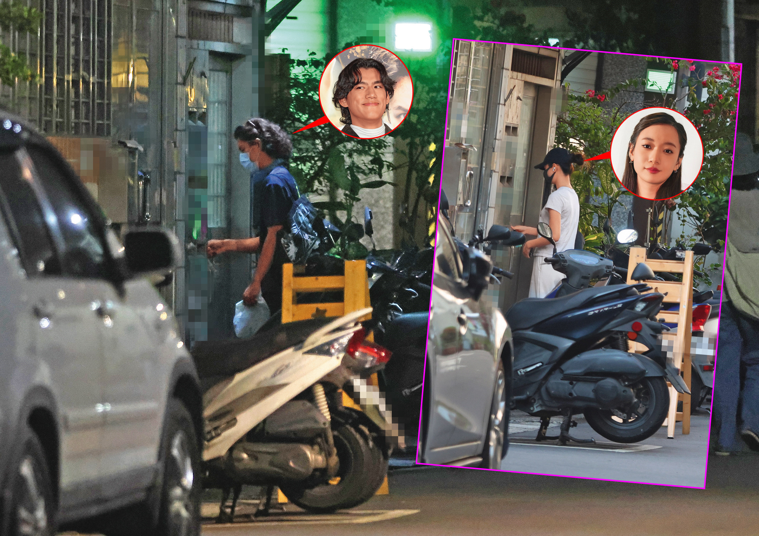 4/14 19：31 朱軒洋進入吳卓源的住處，顯得熟門熟路，兩人仍然維持熱戀狀態（左圖）；4/19 15：44 進門之前，吳卓源左顧右盼，感覺很怕自己的新家曝光。