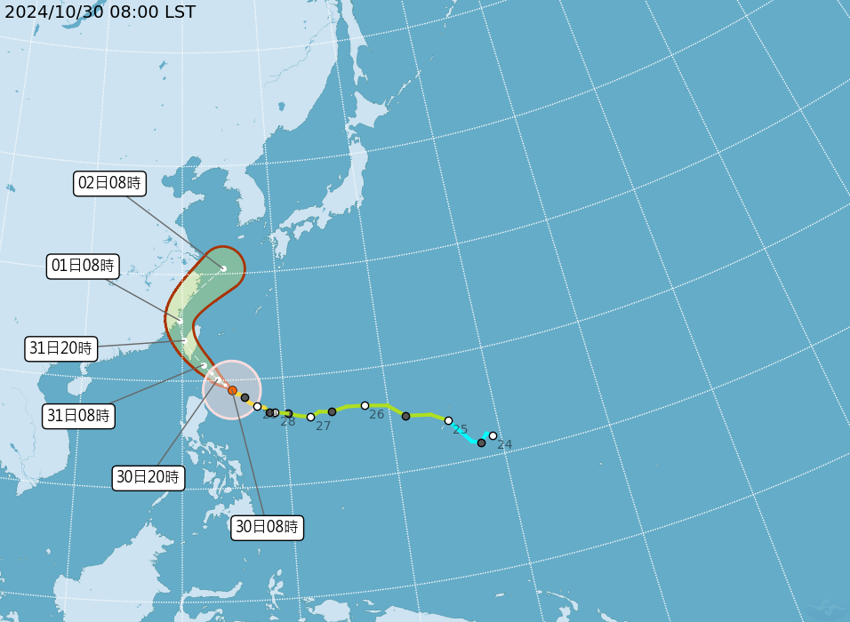 颱風中心明晚開始會進入台灣海峽。（中央氣象署提供）