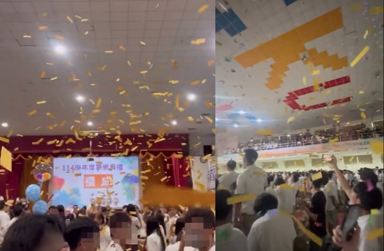 台南市某高中畢業生為營造難忘回憶，發揮創意將傳統習俗中的「古仔紙」裝入禮炮中噴射，漫天飛舞的黃色紙片在網路上引發熱烈討論與民俗爭議。（翻攝自Threads）