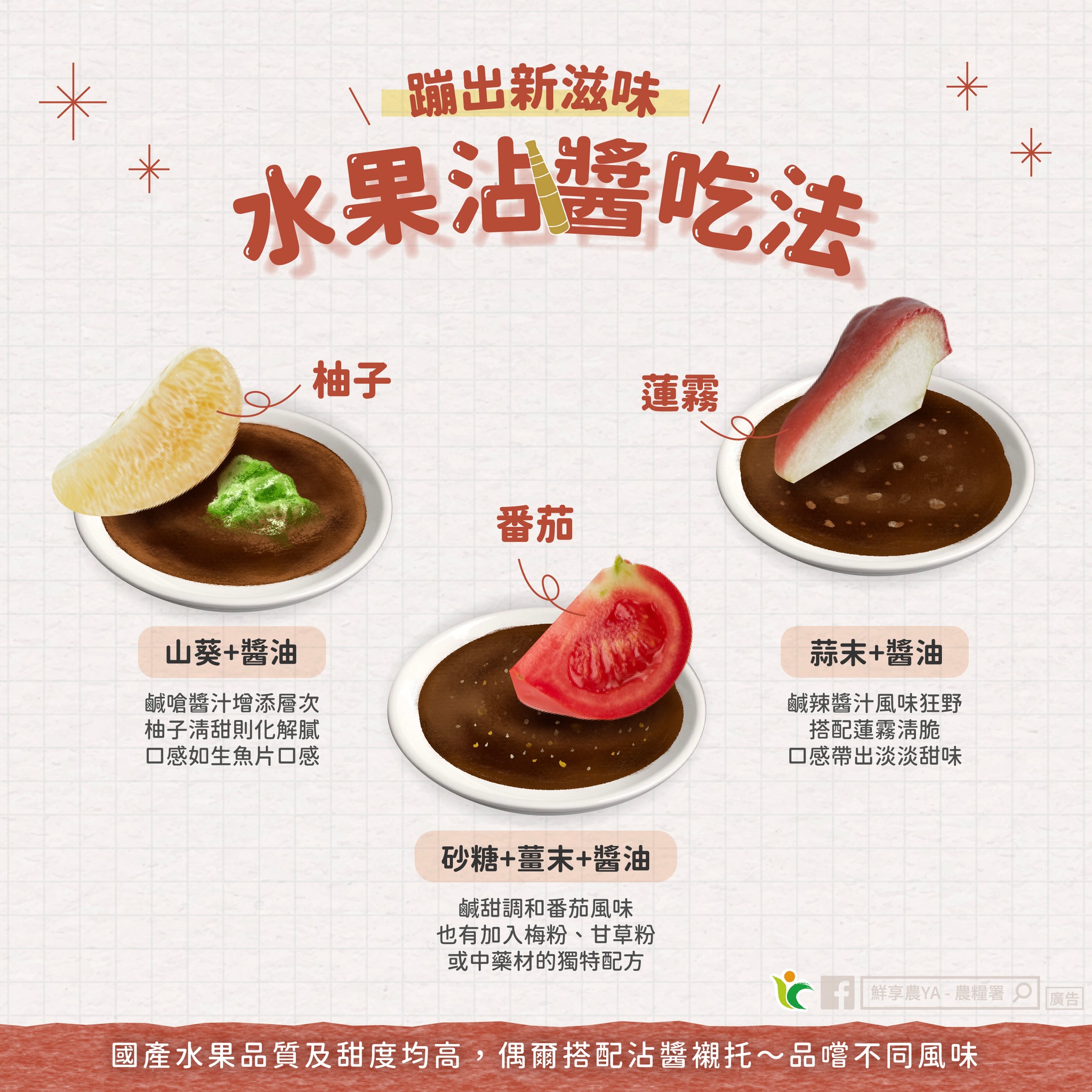 農糧署分享柚子和蓮霧也有特殊的「沾醬」吃法。(翻攝自鮮享農YA - 農糧署臉書)