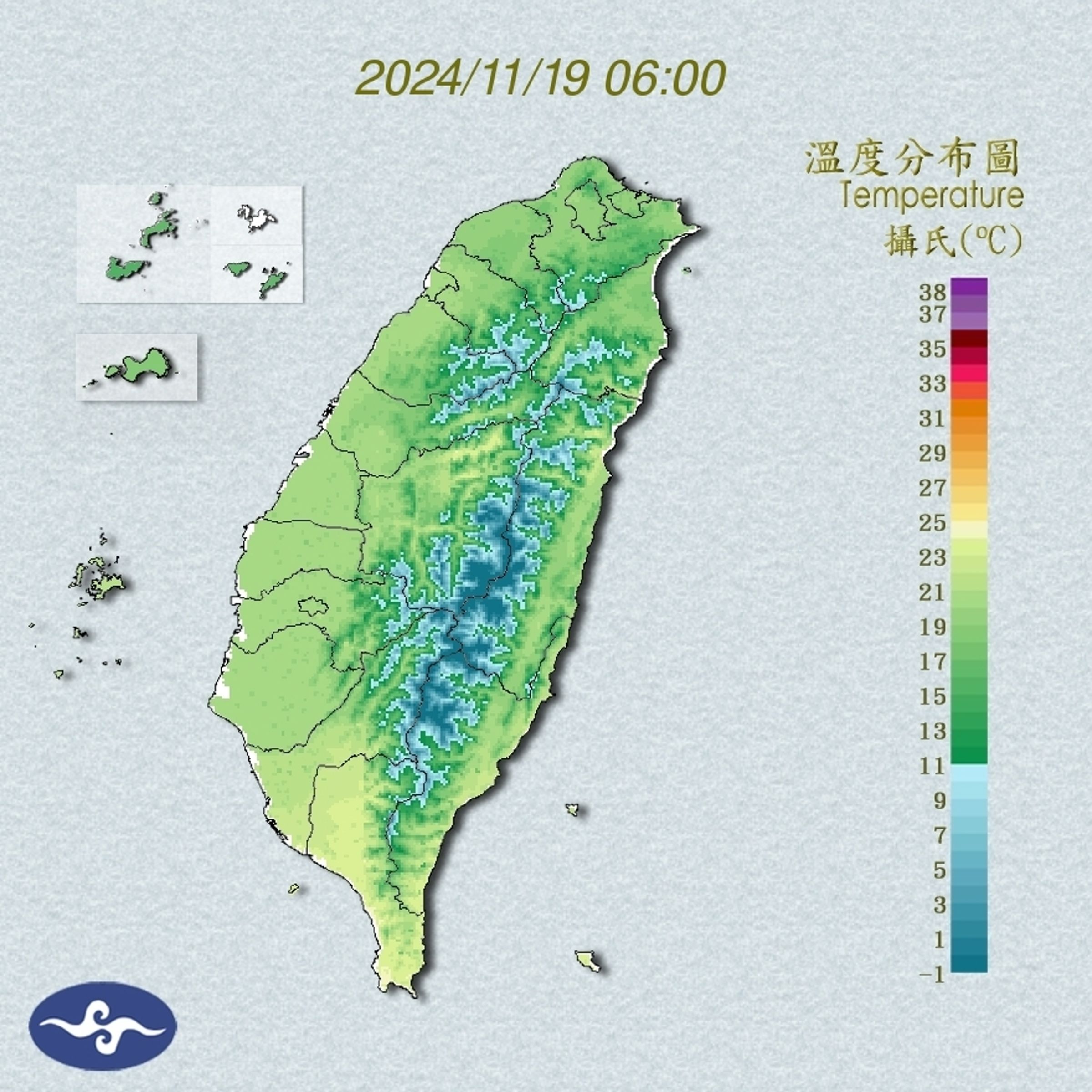 今日溫度分布圖。（翻攝氣象署官網）