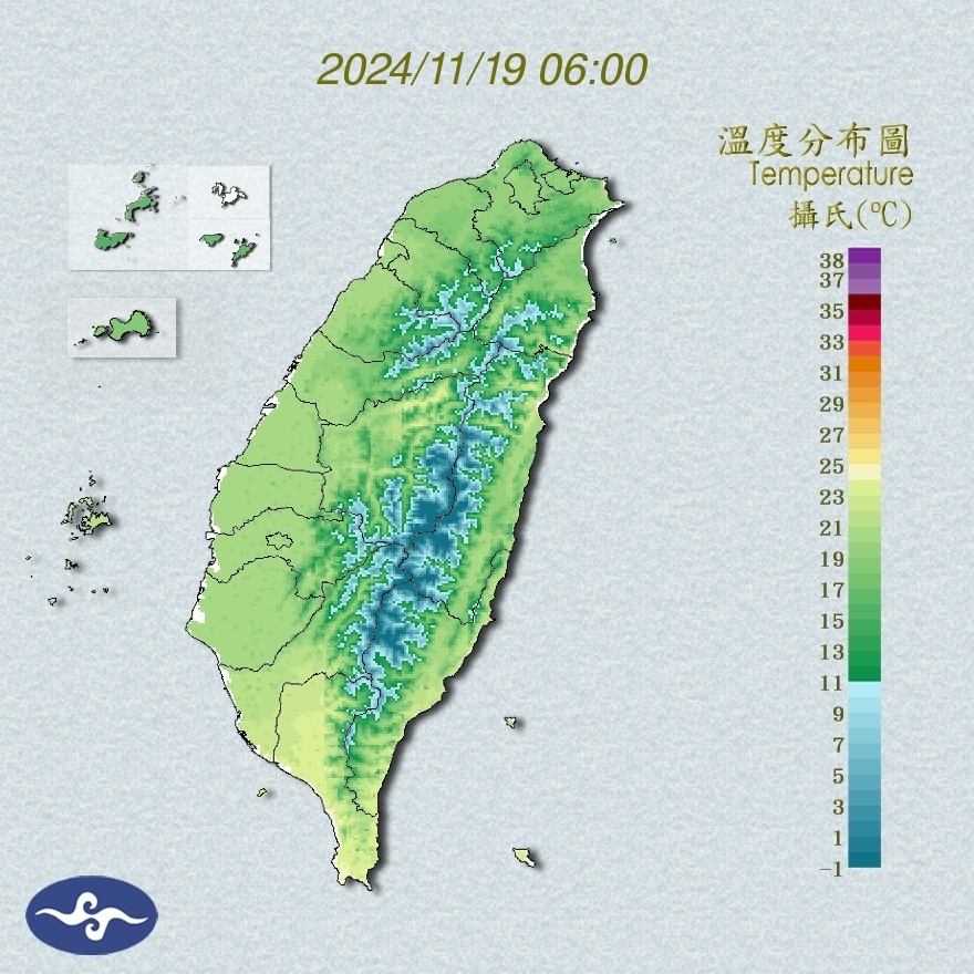 今日溫度分布圖。（翻攝氣象署官網）