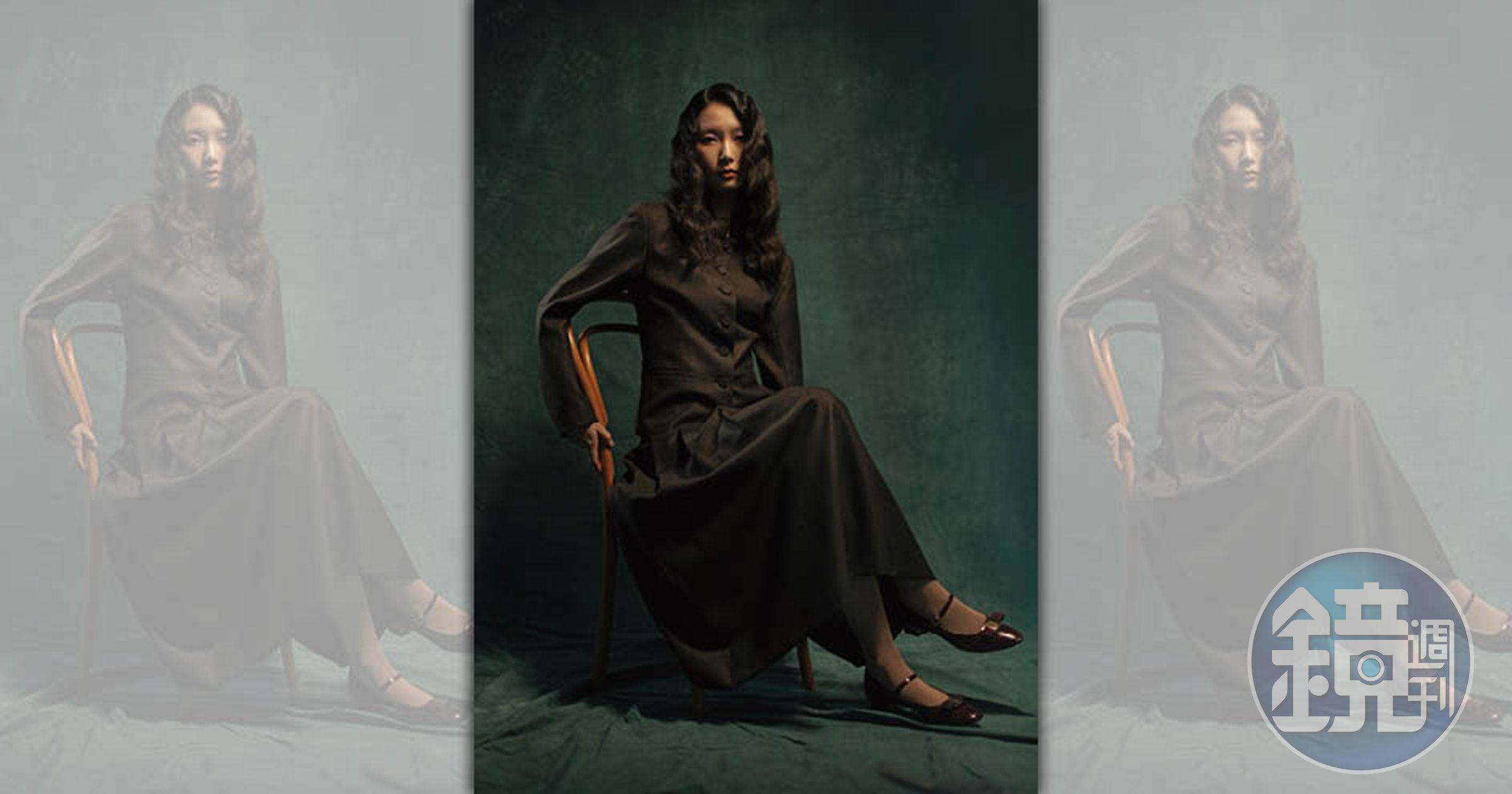 棕色ANNA-BELLE夾克 NT$28,380 by agnès b./棕色長裙 NT$19,130 by agnès b./膚色彈性褲襪 價格店洽 by PRADA/紅棕色蝴蝶結瑪莉珍鞋 NT$31,500 by FERRAGAMO