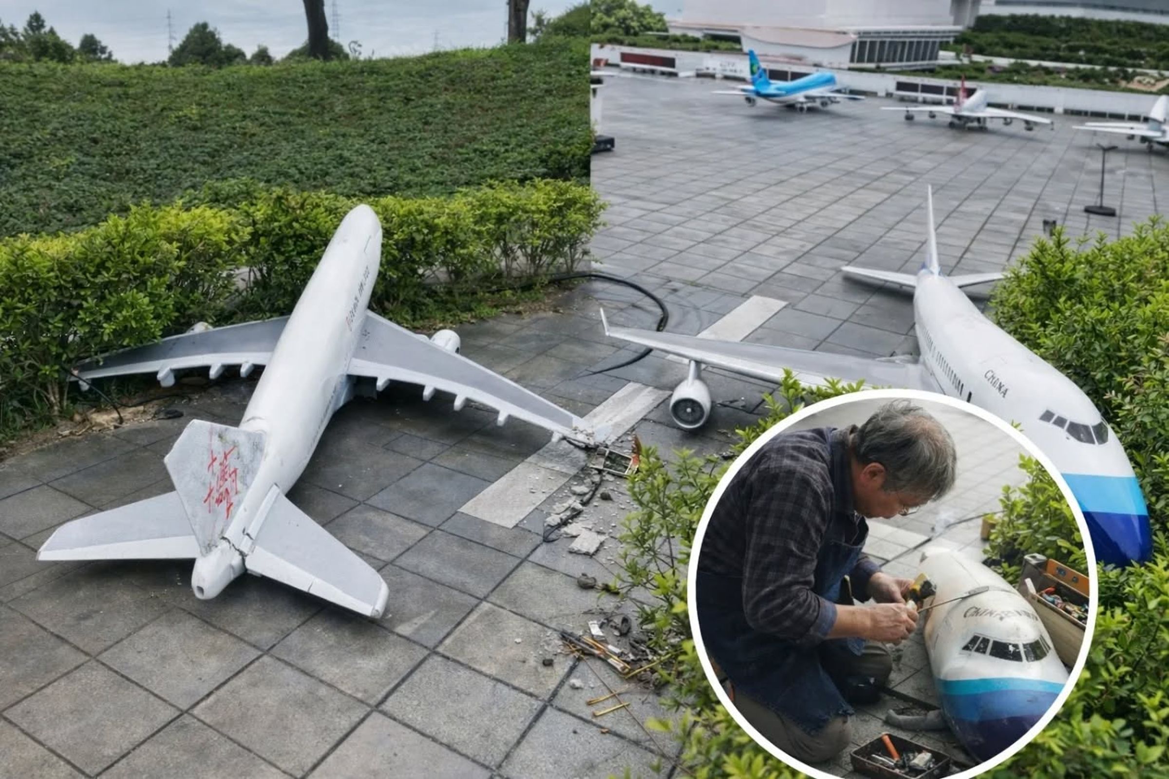 照片可見,「小人國主題樂園」飛機模型再次遭破壞。(翻攝臉書小人國主題樂園)