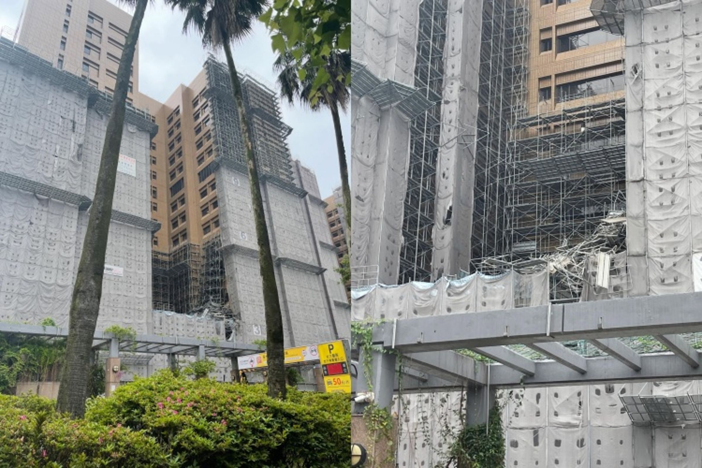 台大醫院外牆整建鷹架尚未開始拆就塌落,院方指控,該意外發生包商並未如實通報。(翻攝自threads @nfs02_2)