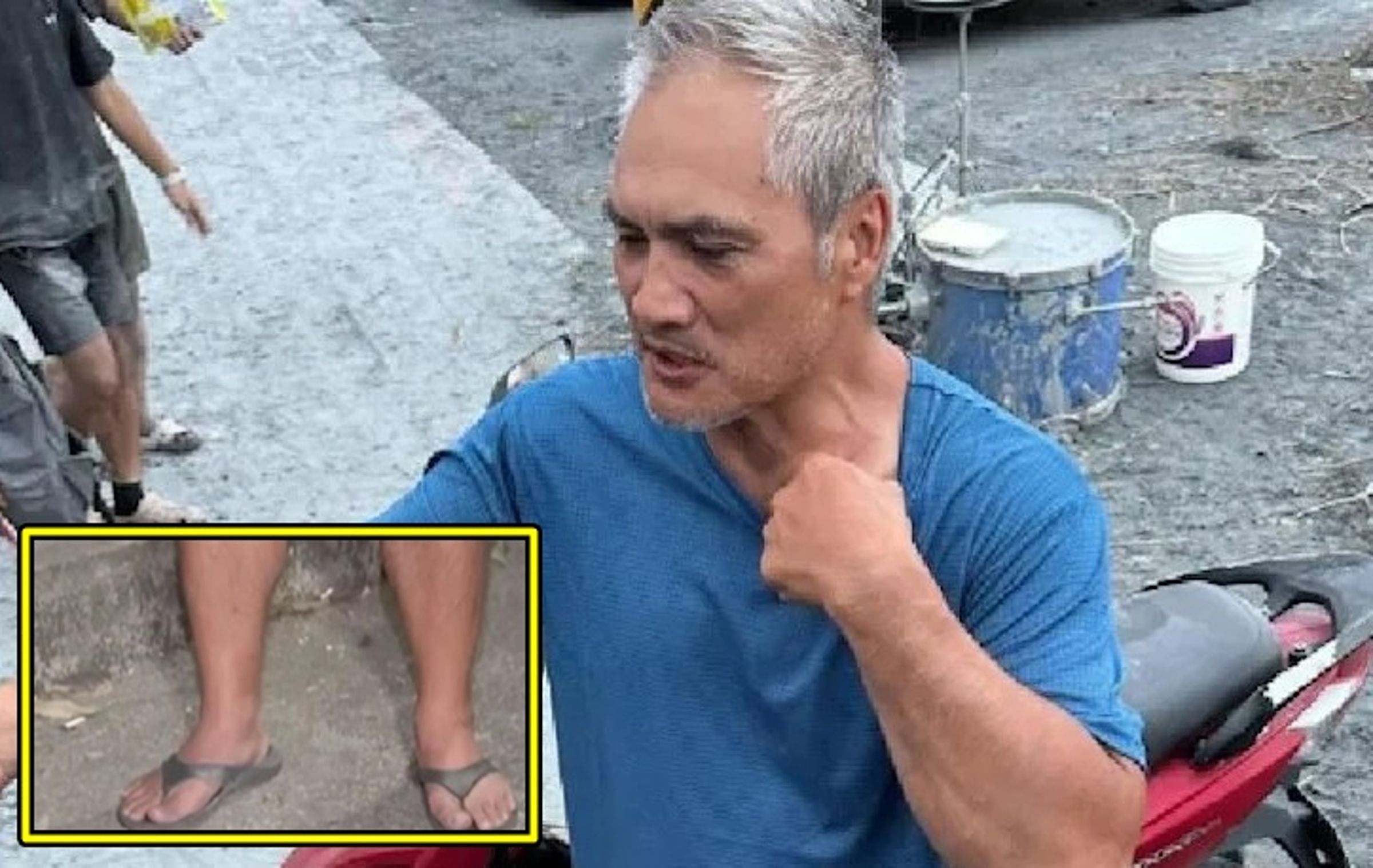 一名住在佛祖街附近的阿公，僅靠著腳上「黑色人字夾腳拖鞋」成功逃命。（翻攝畫面）