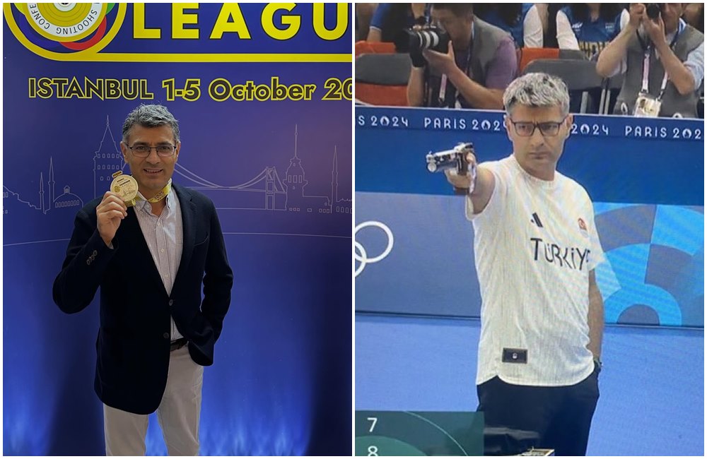 尤素夫迪克奇去年在巴黎奧運以「0裝備」模樣爆紅（右圖），如今他奪下歐洲射擊冠軍聯賽金牌（左圖）。（翻攝X@TurkishArc、yusufdikec IG）